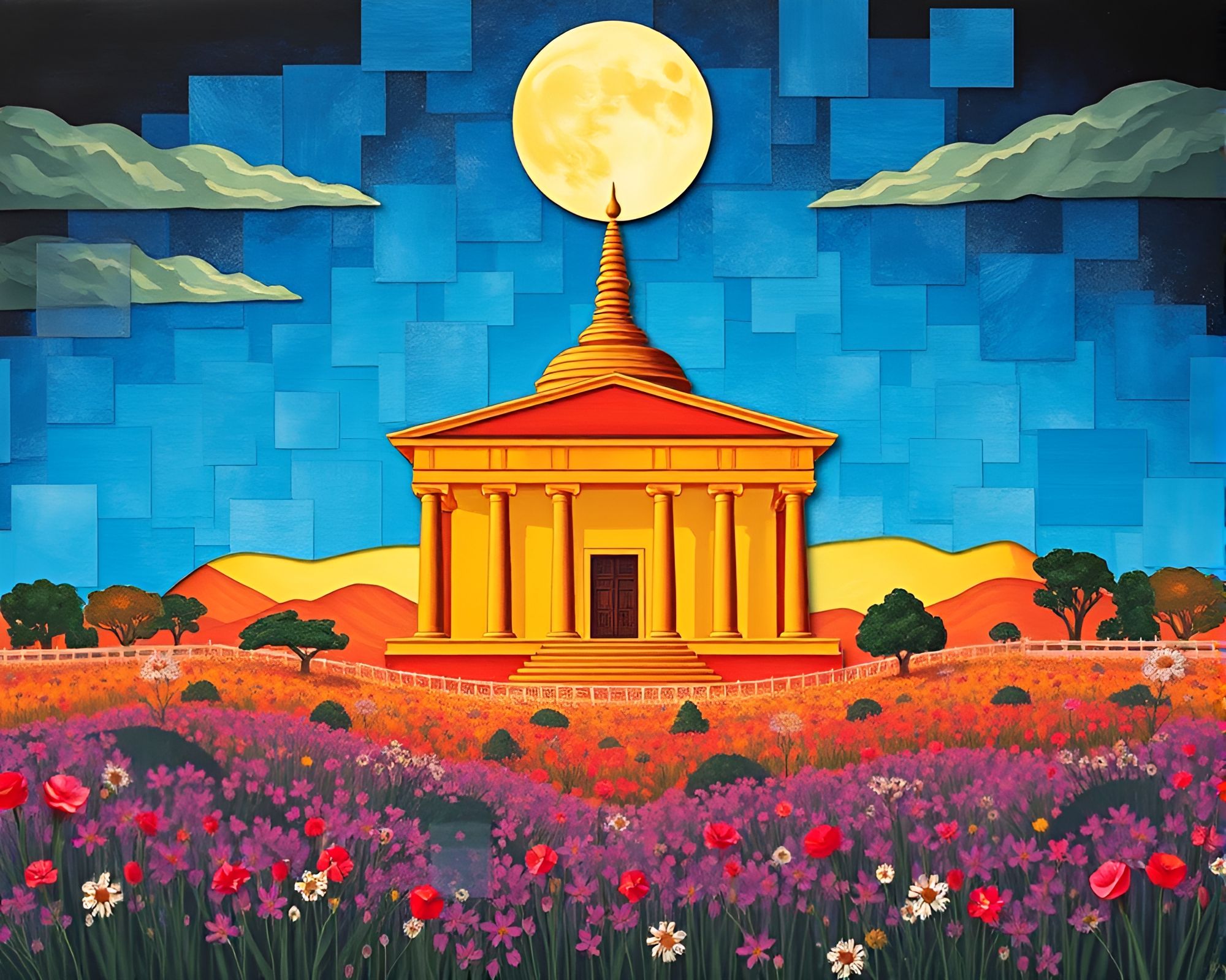 Vibrant Temple Spotlight Collage Artwork – free AI stock image