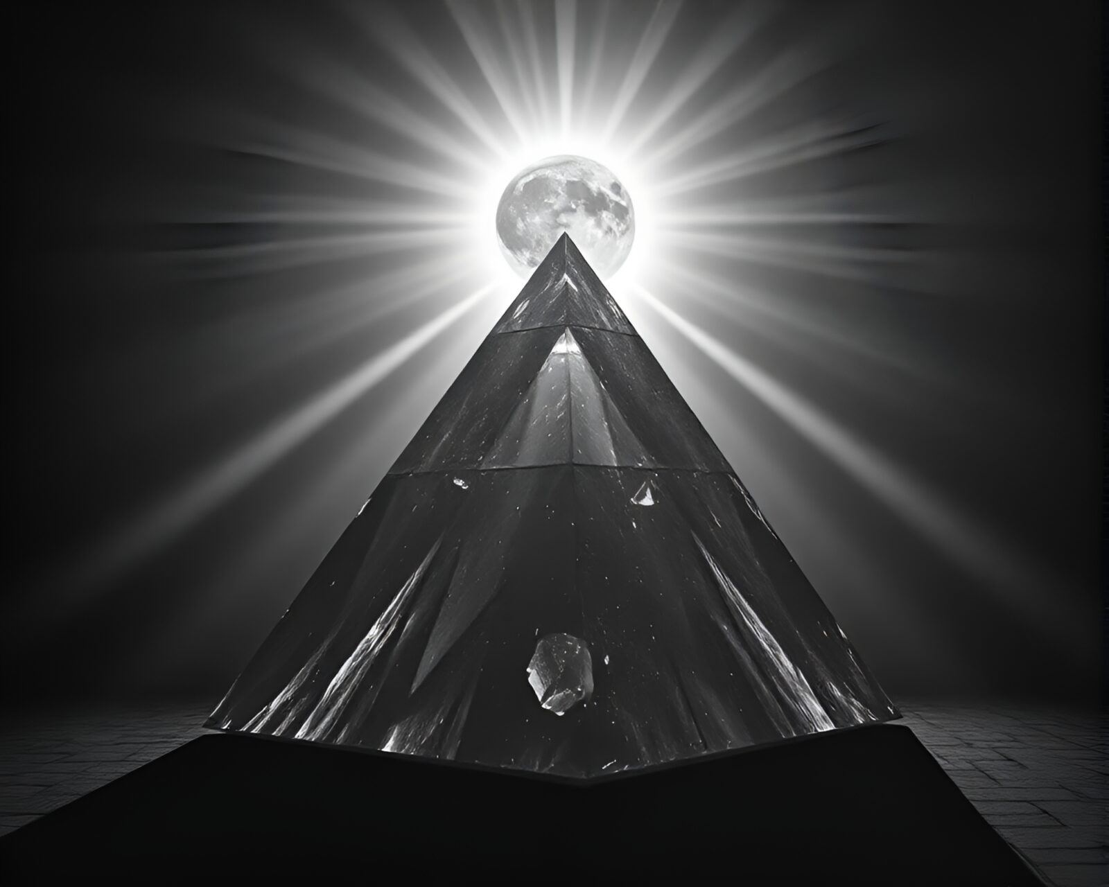 Grisaille artwork of glass pyramid with laser beams