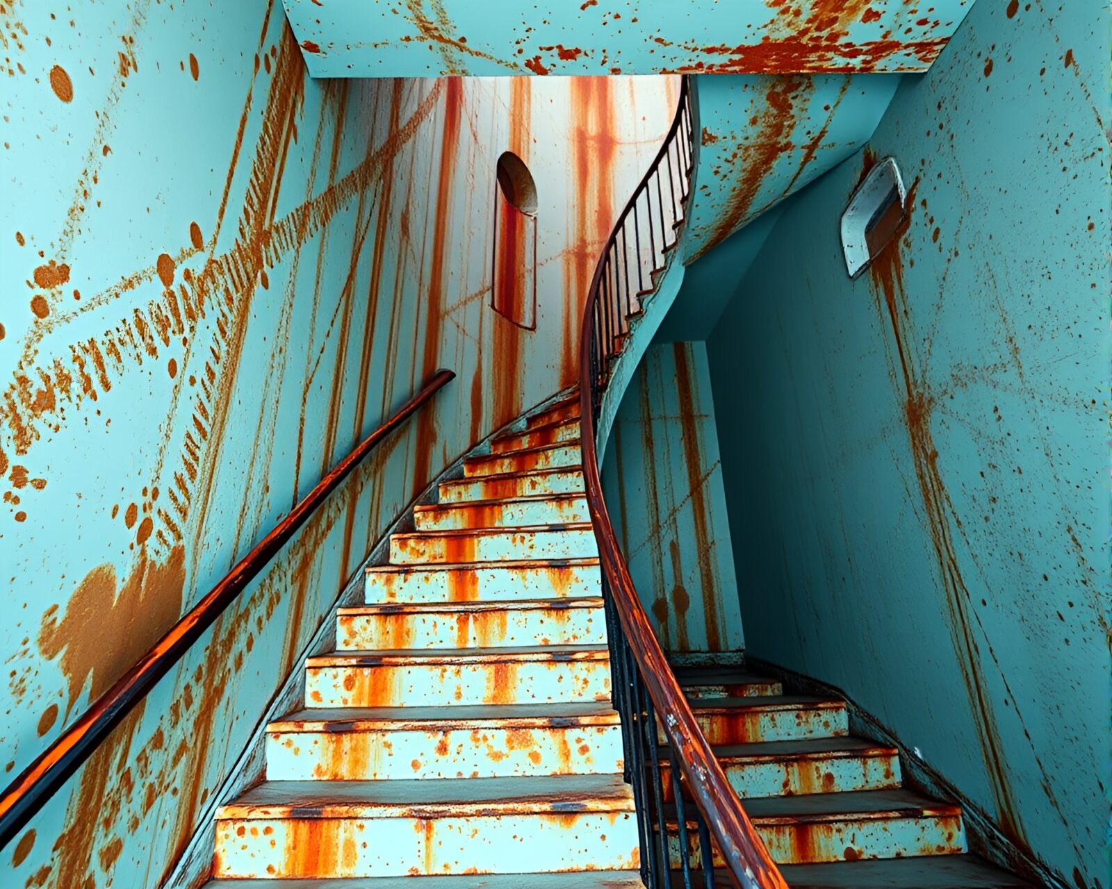 Surreal staircase in low light with ice-blue tint