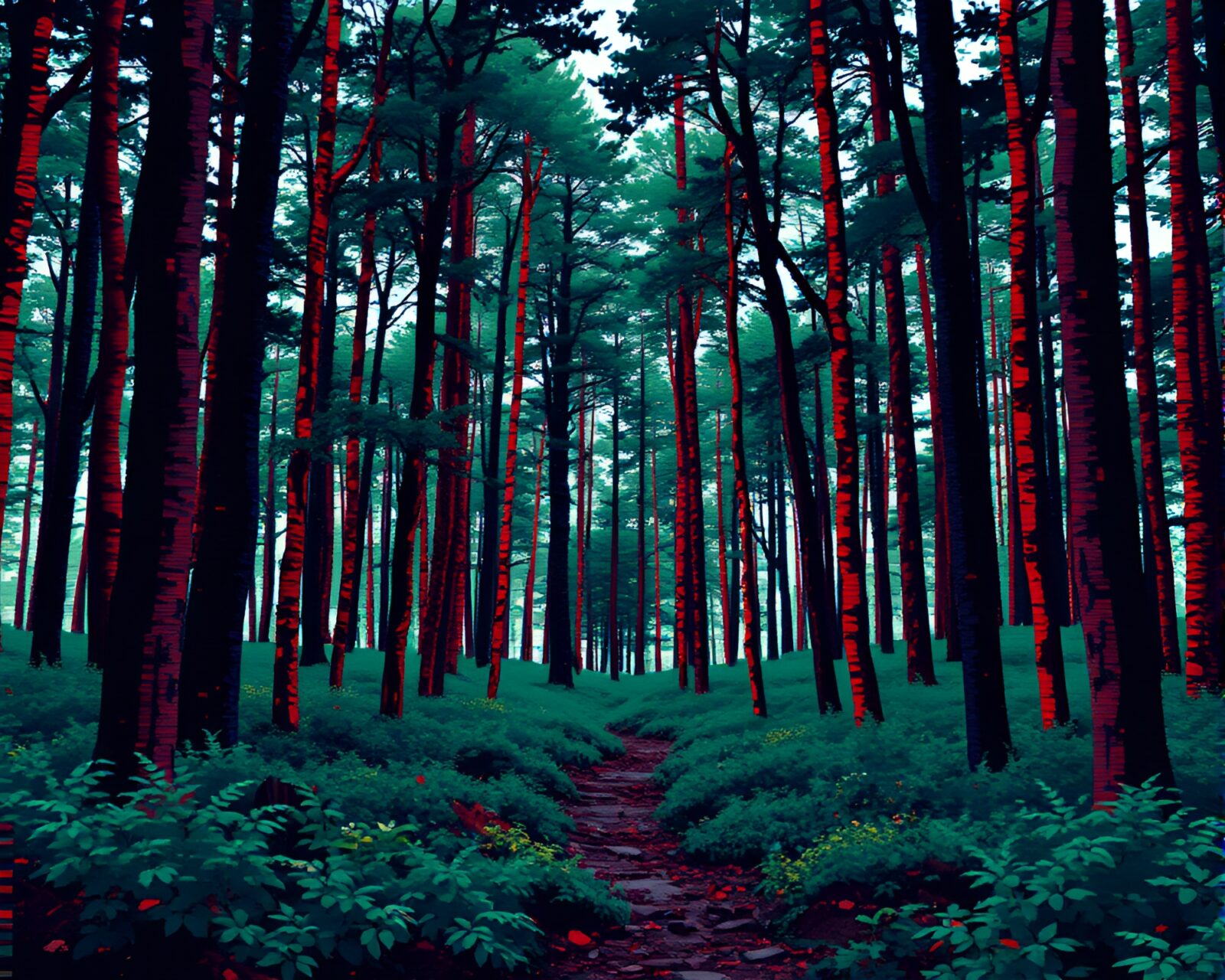 VHS-distorted anime forest in tiled mosaic composition