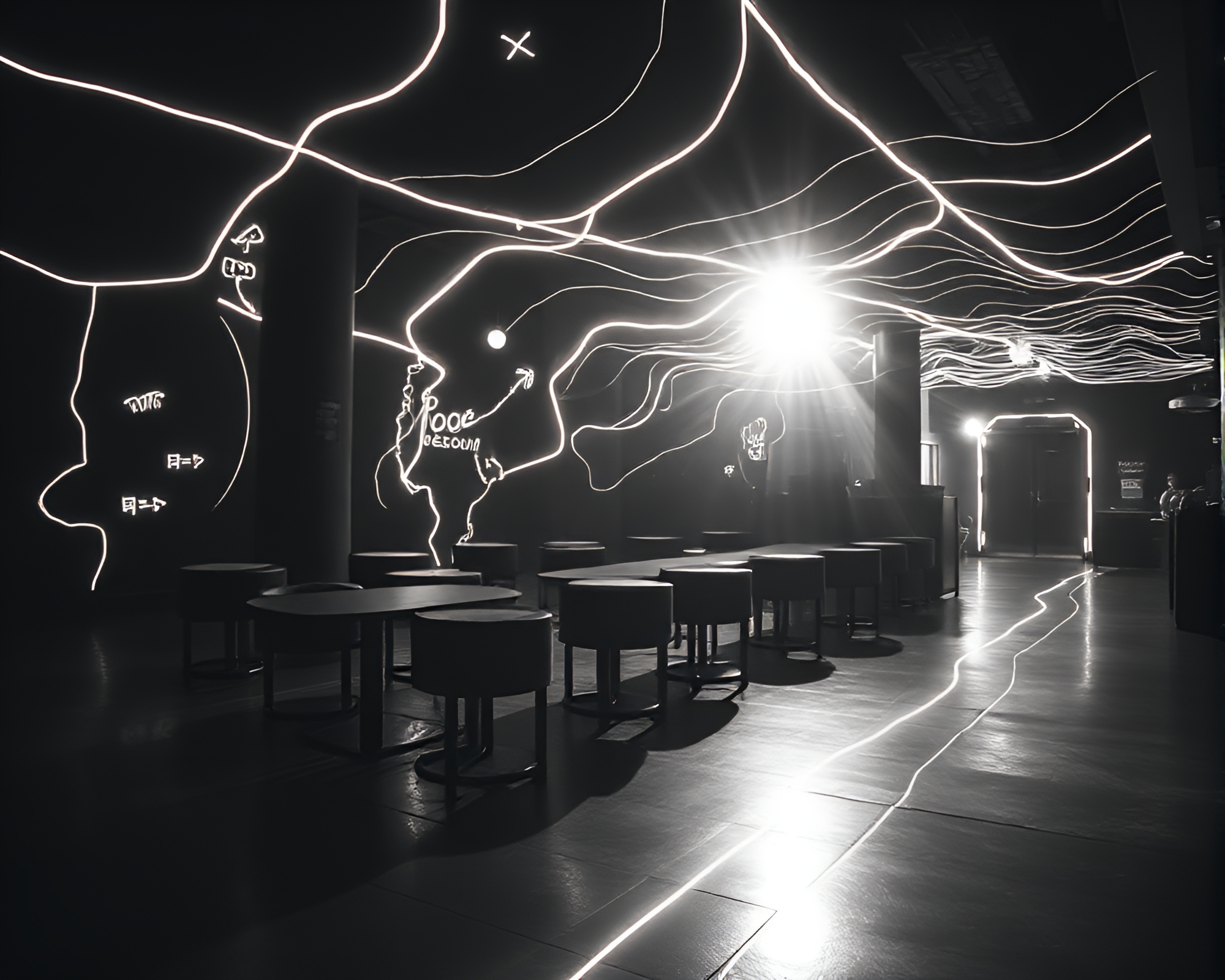 Surreal Dreamscape: Intricate Duotone Etching Illuminated by Club Strobe Lights – free AI stock image
