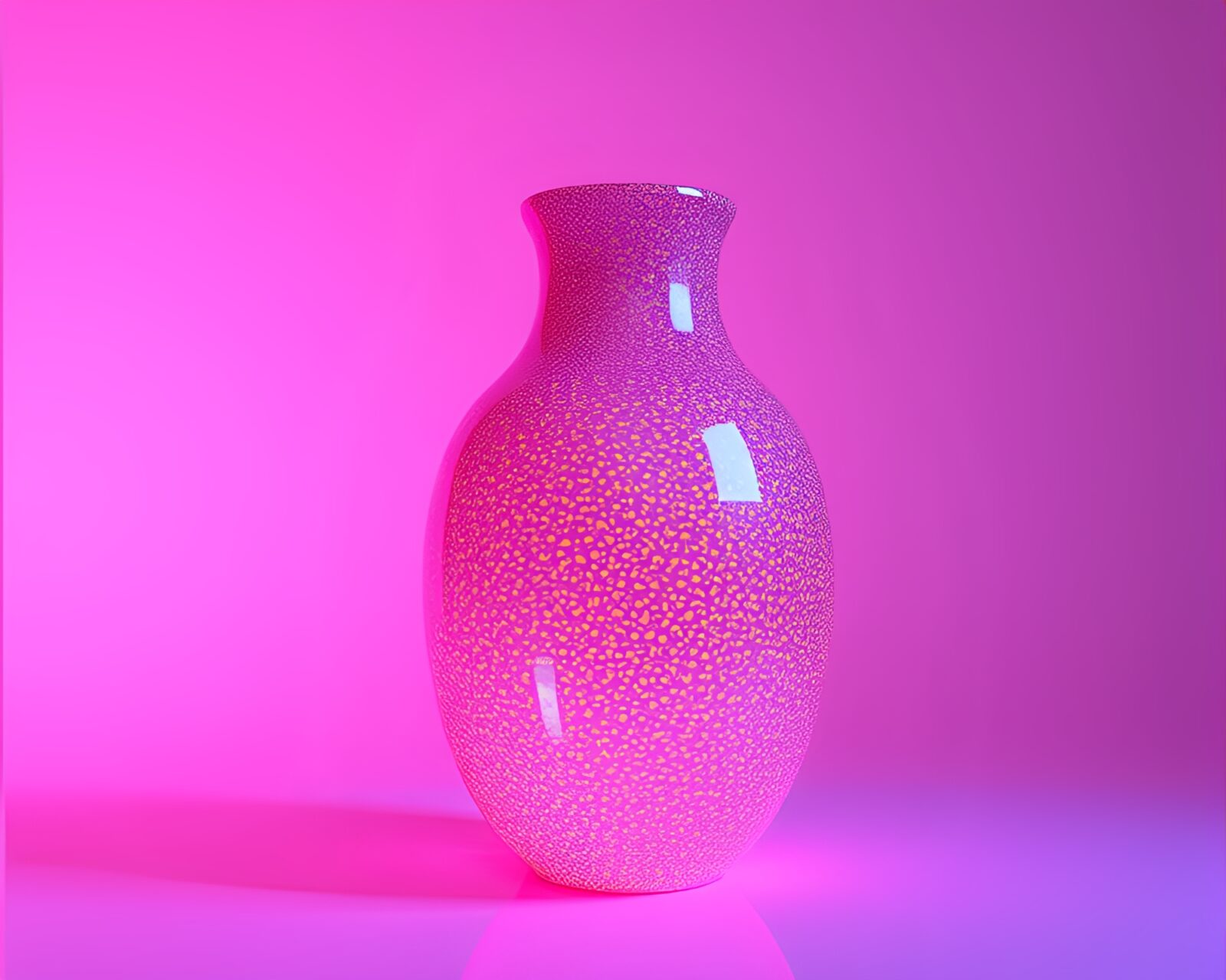 AI-generated stippled vase glowing in ultraviolet light
