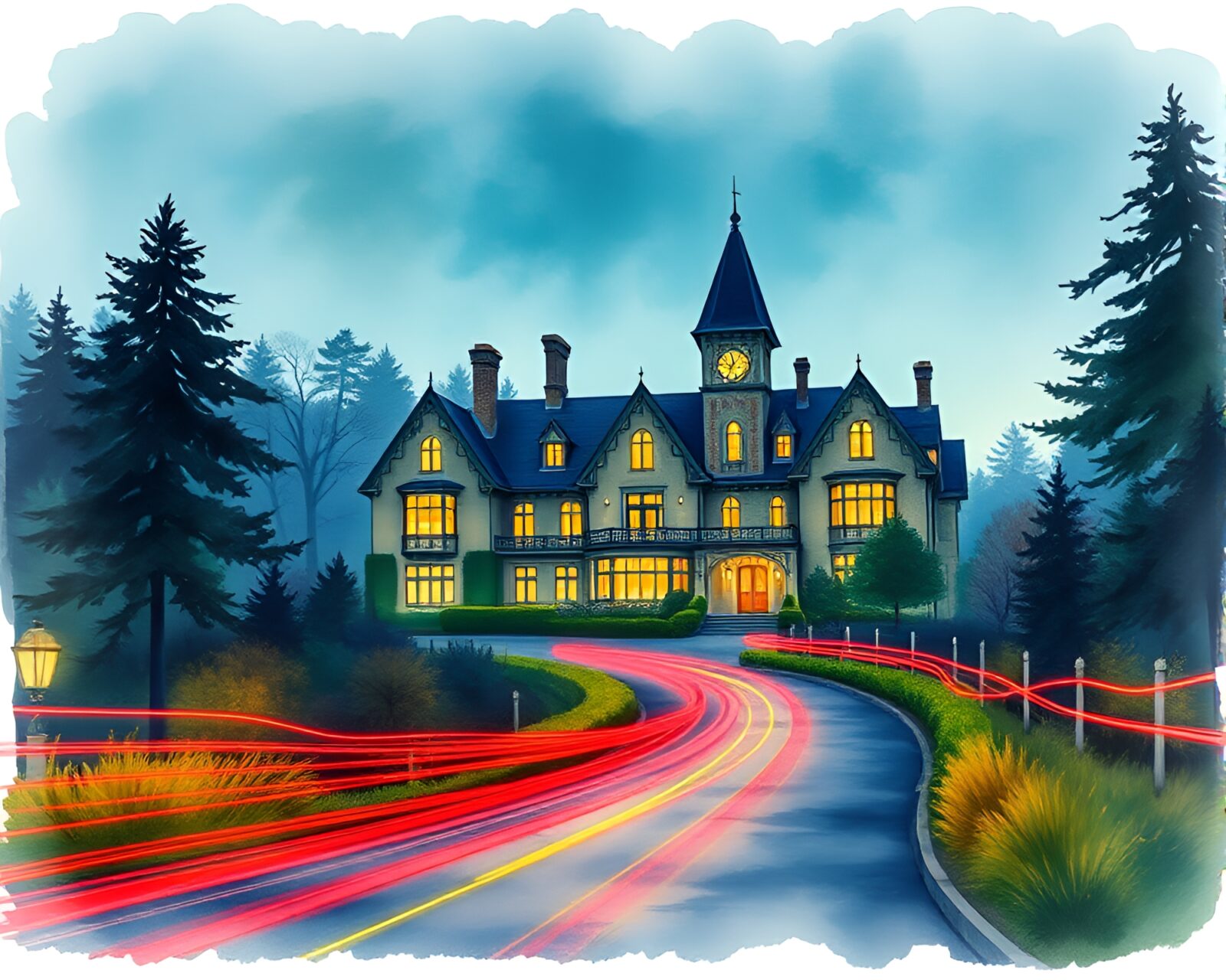 Neo-gothic mansion in high saturation with car light trails