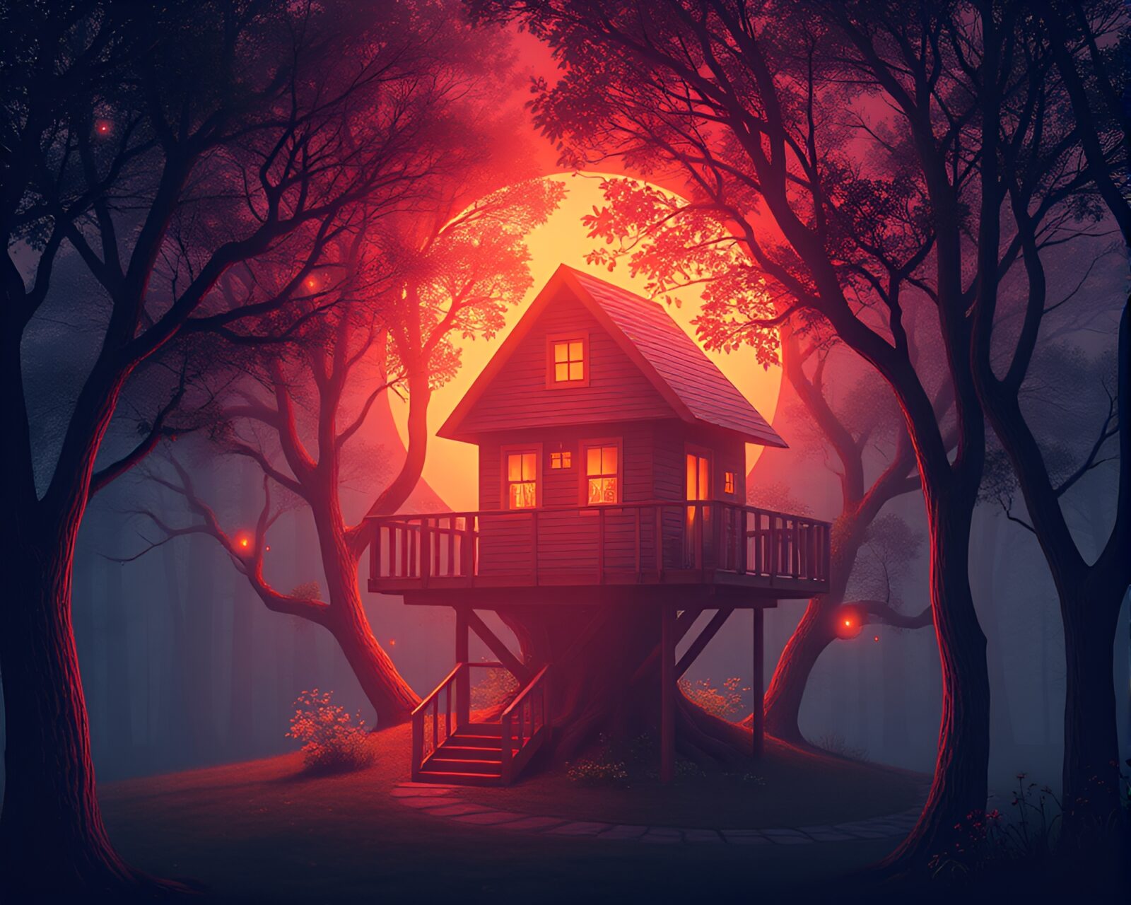 A magical treehouse at dusk glowing with peachy hues