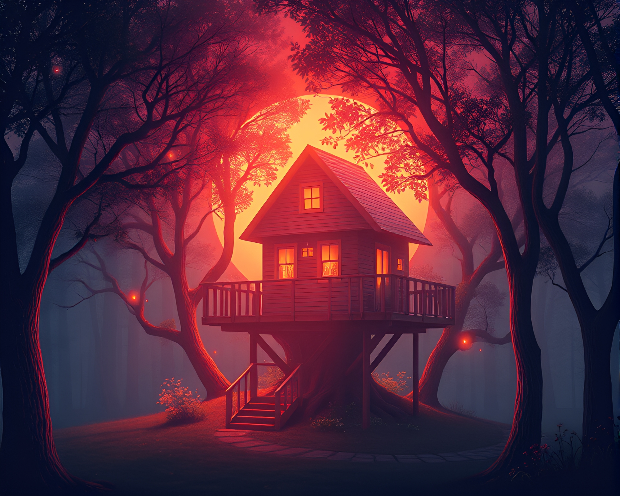 Enchanting Treehouse in Peachy Tri-Tone Dusk – free AI stock image