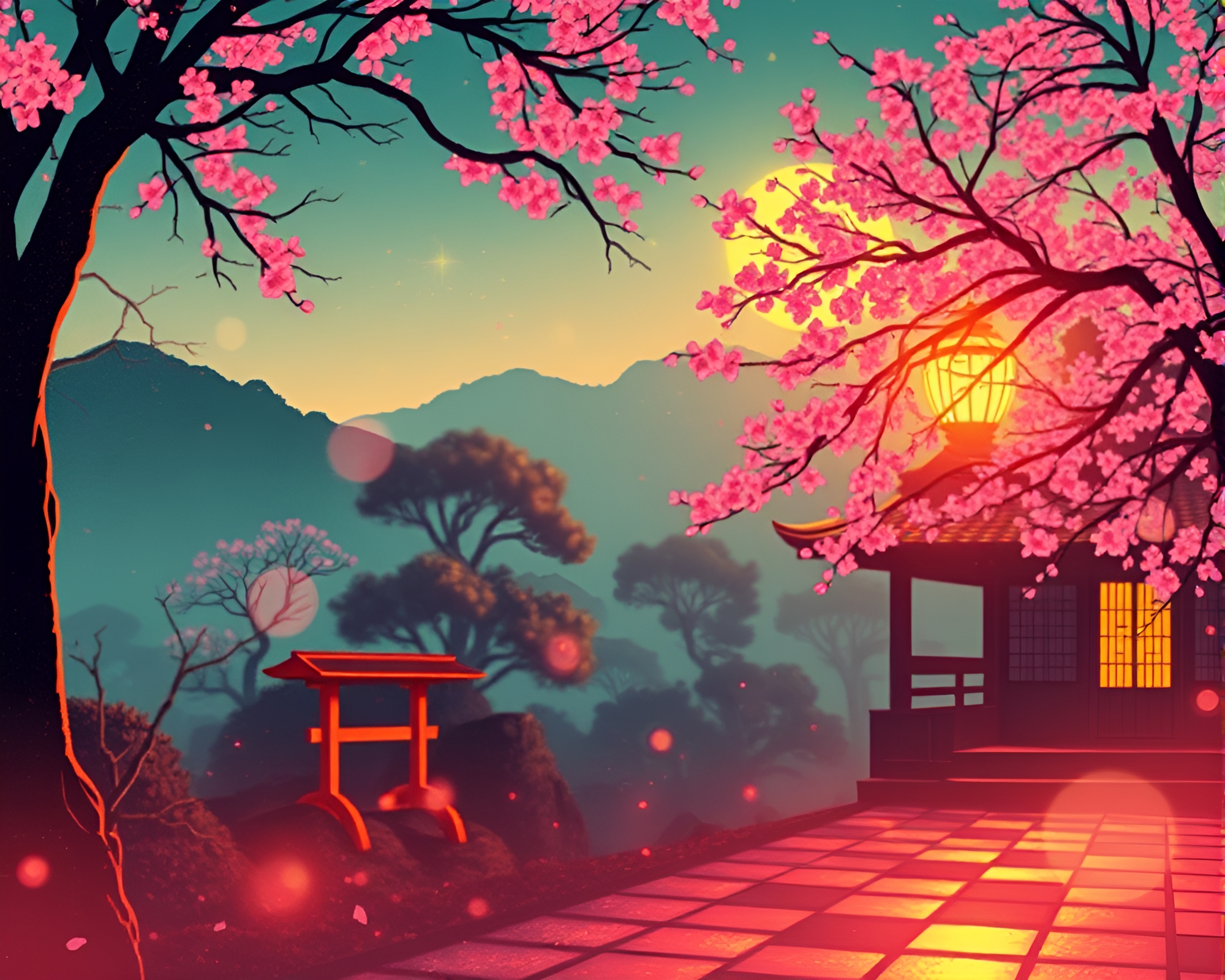 Holographic Hot Spring Woodblock Print with Warm Glow – free AI stock image