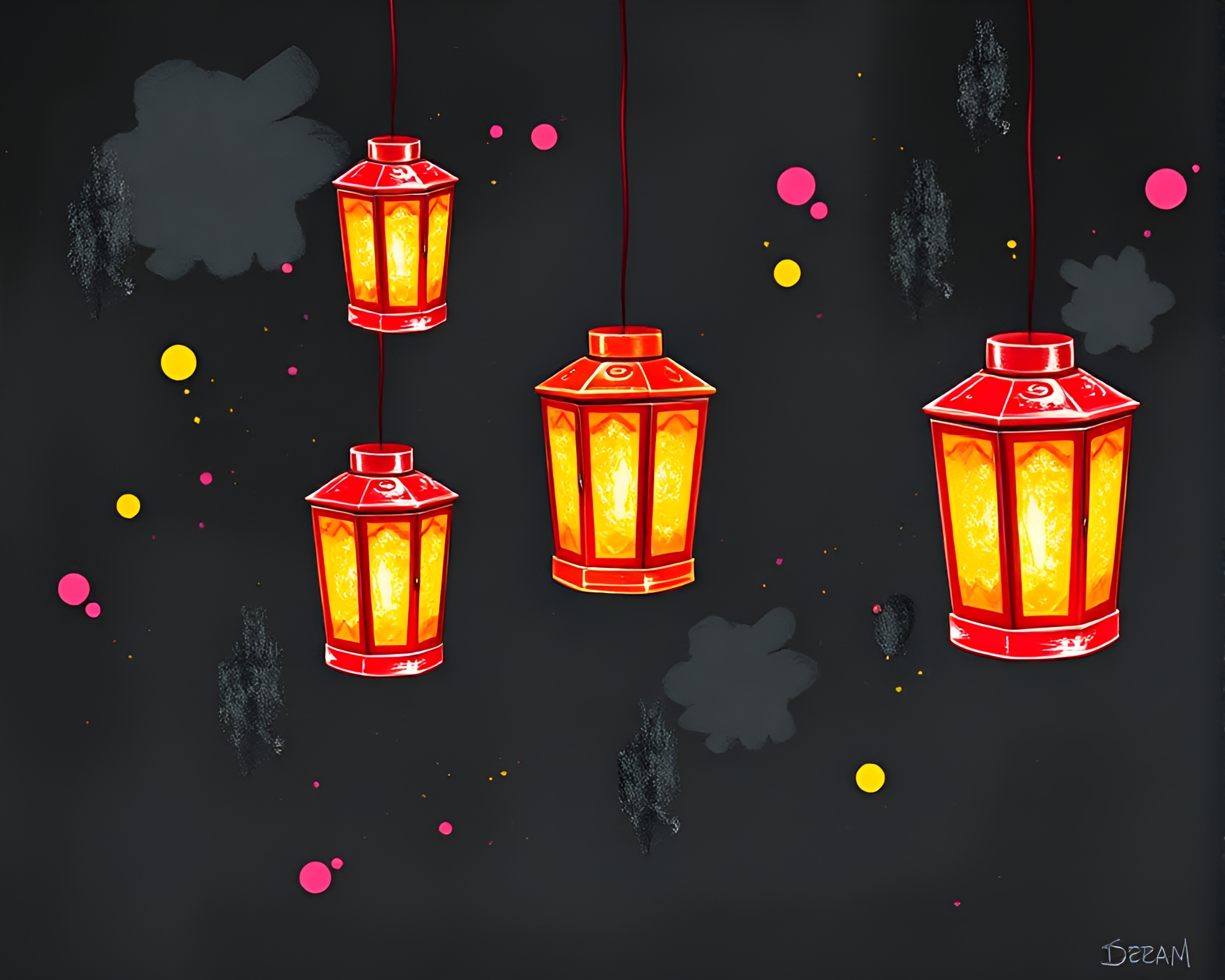 Isometric Floating Lanterns with Chalkboard Smudges – free AI stock image