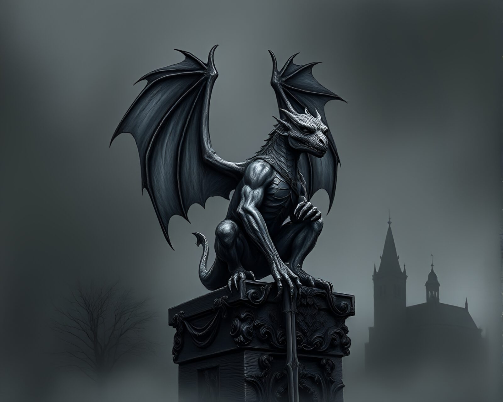 Chalkboard drawing of gargoyle statue in digital twilight