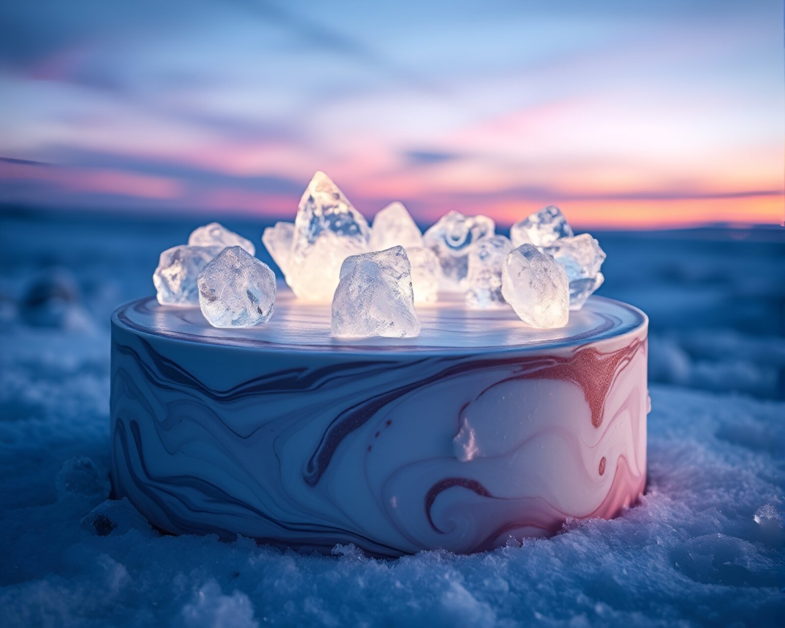 Ice crystal covered marbled cake under blue hour lighting