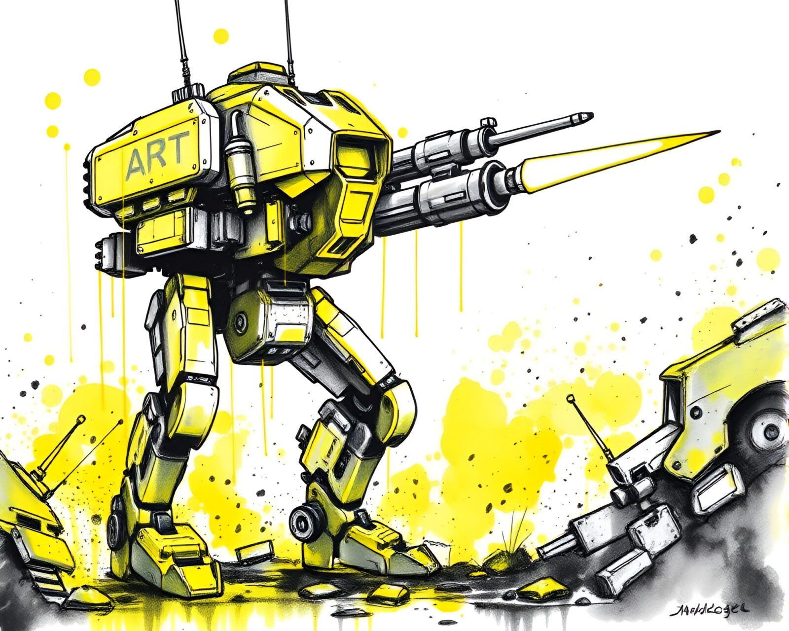 Pastel drawing of a mech surrounded by lemon yellow drips