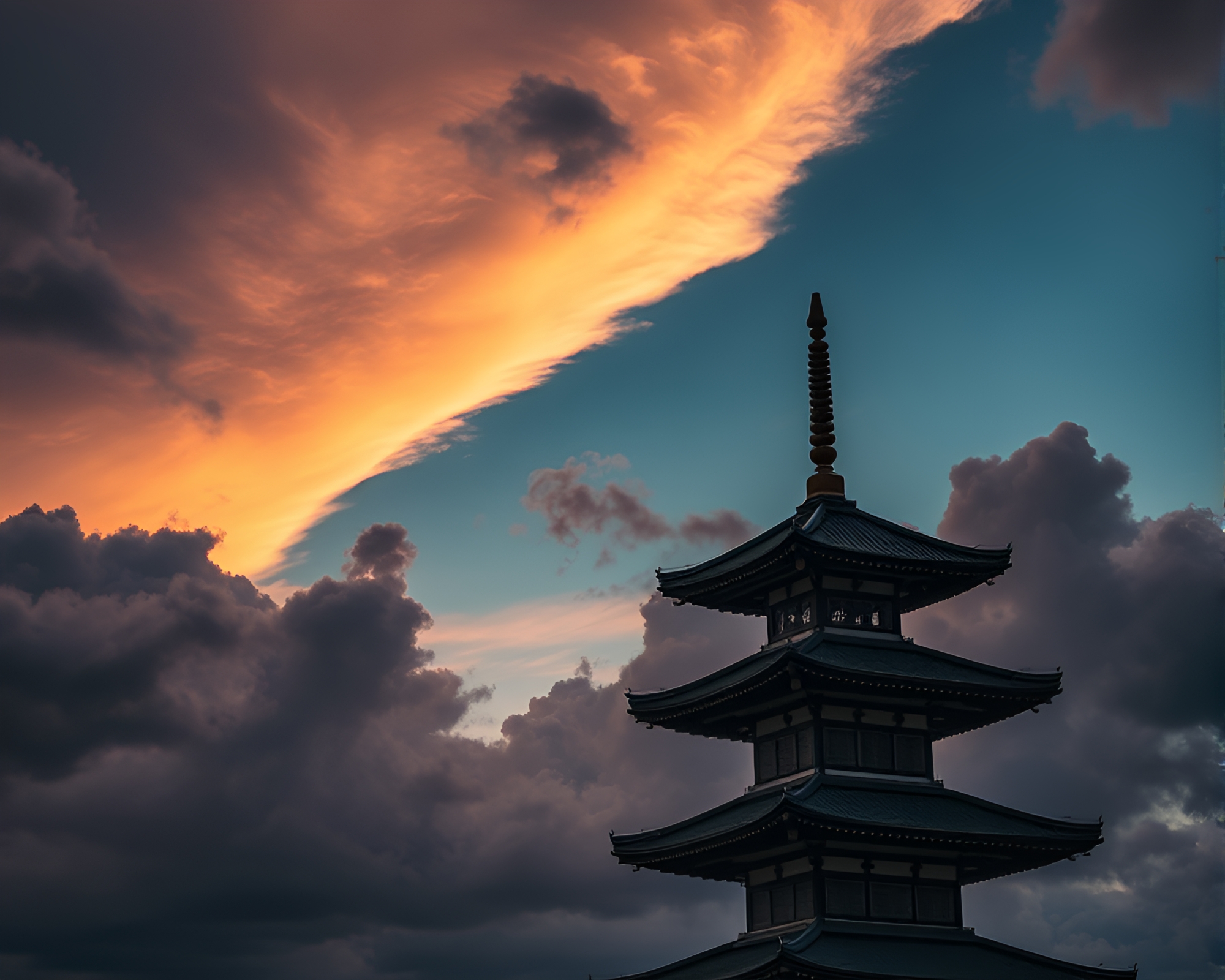 Majestic Pagoda Silhouetted Against Acid Wash Sky – free AI stock image