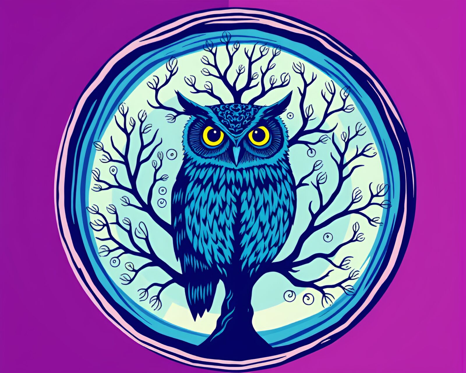 Colorful pop art owl surrounded by intricate tree ring designs in shades of ocean blue