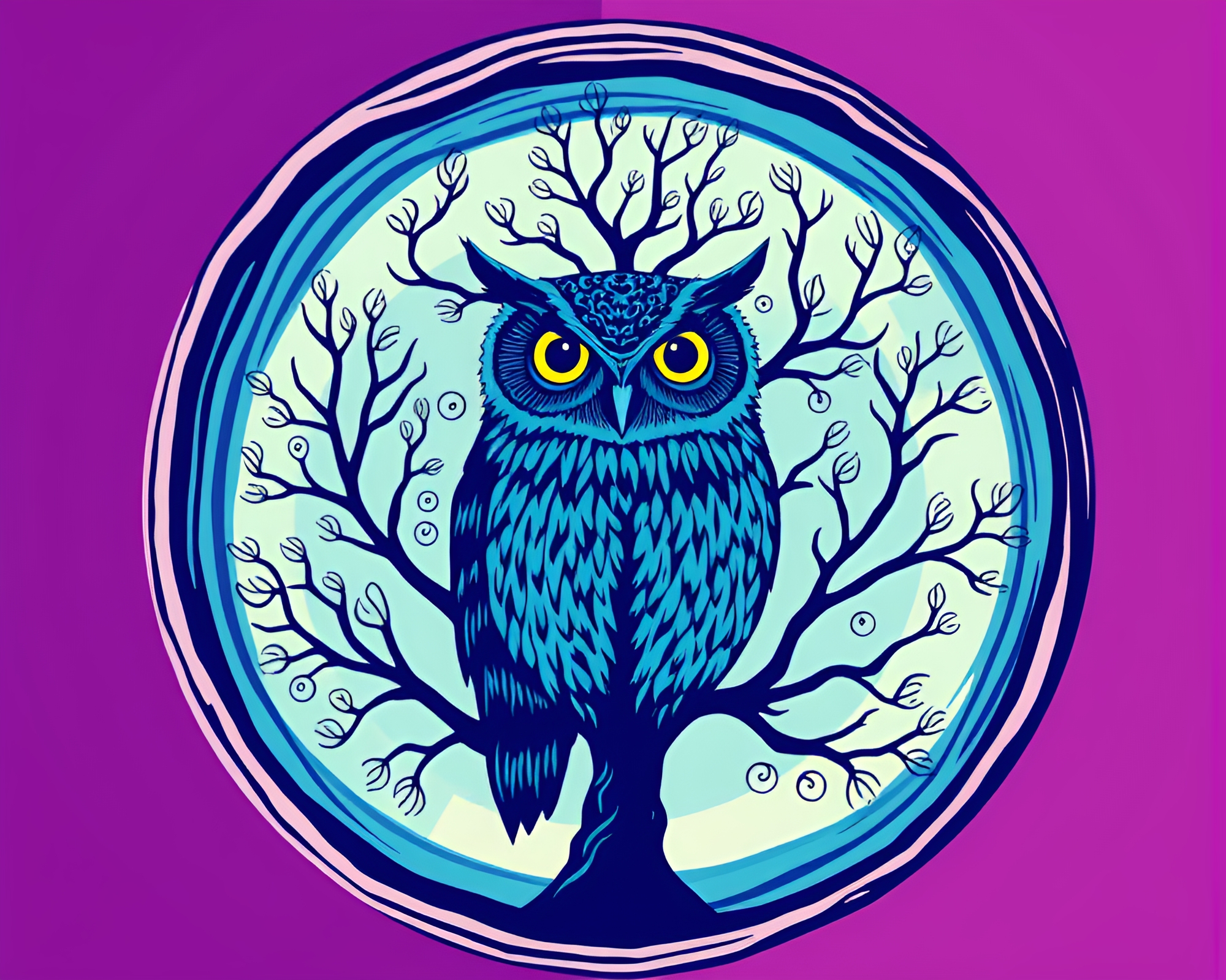 Ocean-Blue Pop Art Owl Among Tree Ring Patterns – free AI stock image