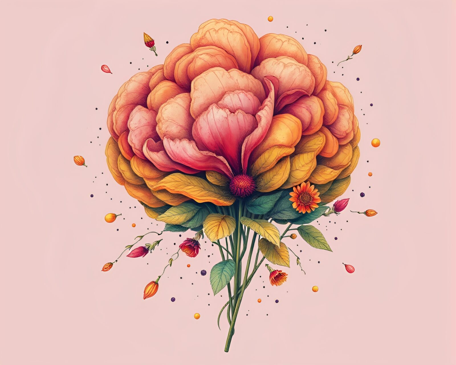 Colorful vintage botanical drawing of baguettes amidst an explosion