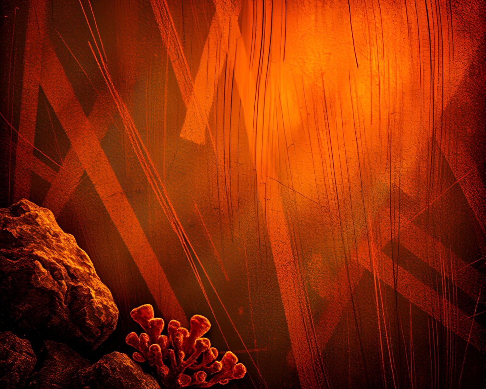 Abstract editorial illustration of metallic scratches on a reef in burnt orange warmth