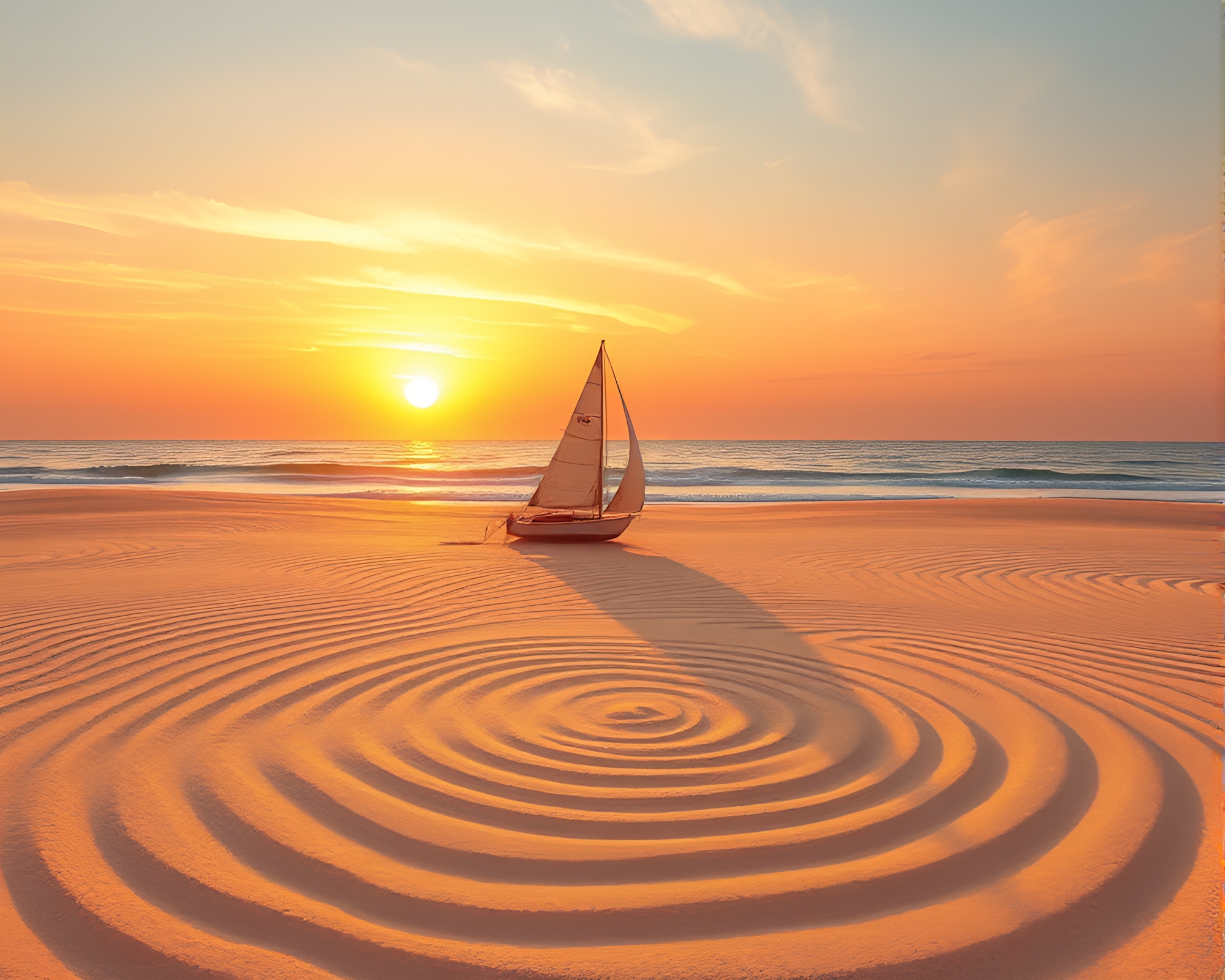Solar Sailboat Gliding Through Sunrise Sand Swirls – free AI stock image