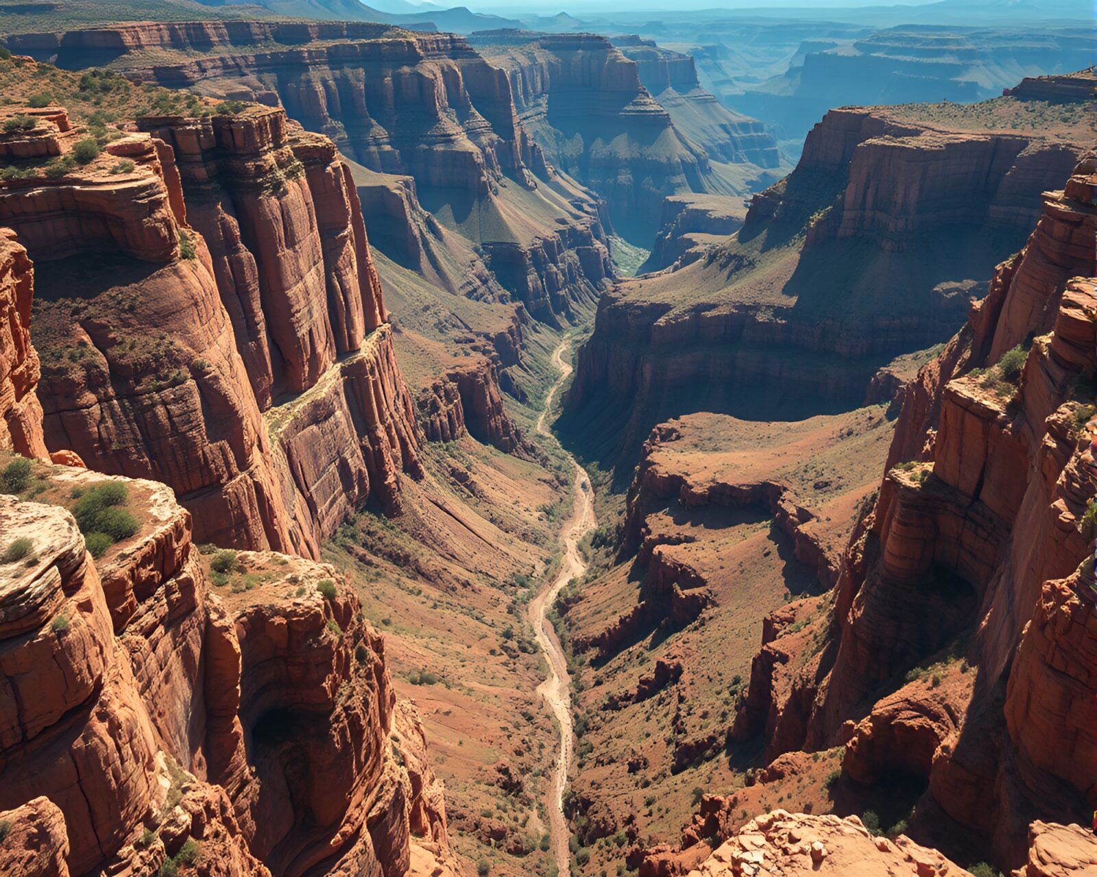A vibrant color field painting of a canyon from above