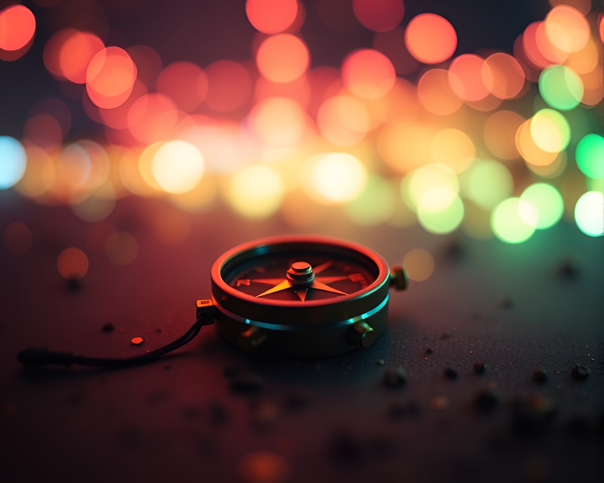 Surreal Compass Illuminated by Fluorescent Bokeh Foreground – free AI stock image