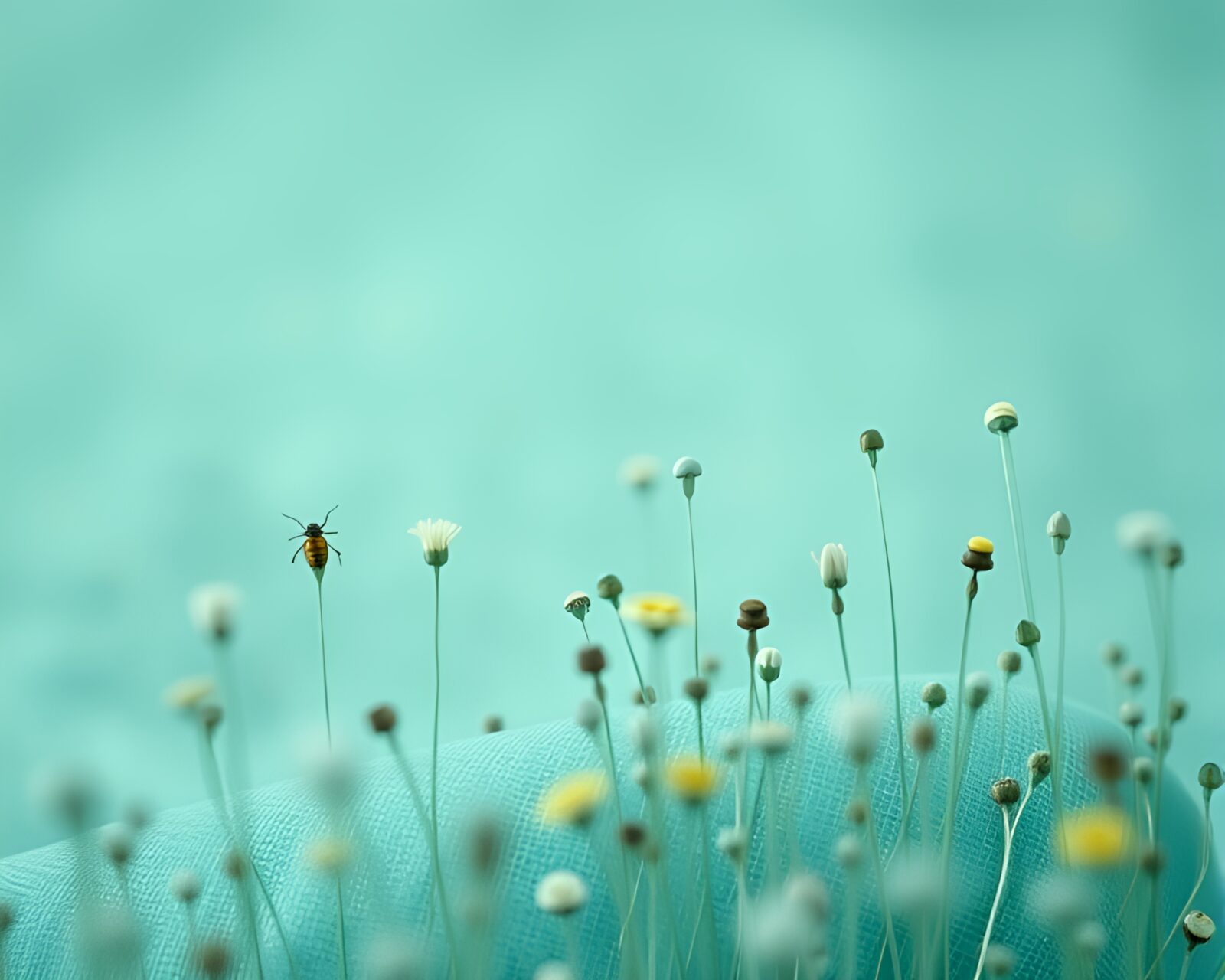 Shallow depth of field highlighting a serene teal beetle