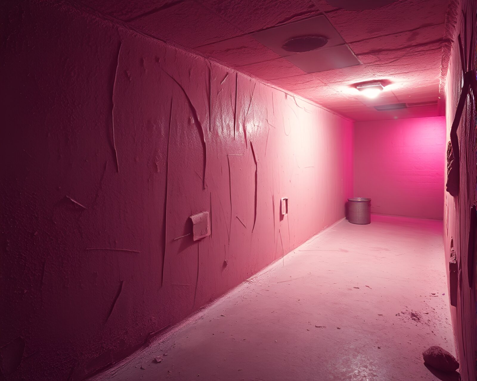 Basement gloom statue with metallic scratches illuminated in infrared.