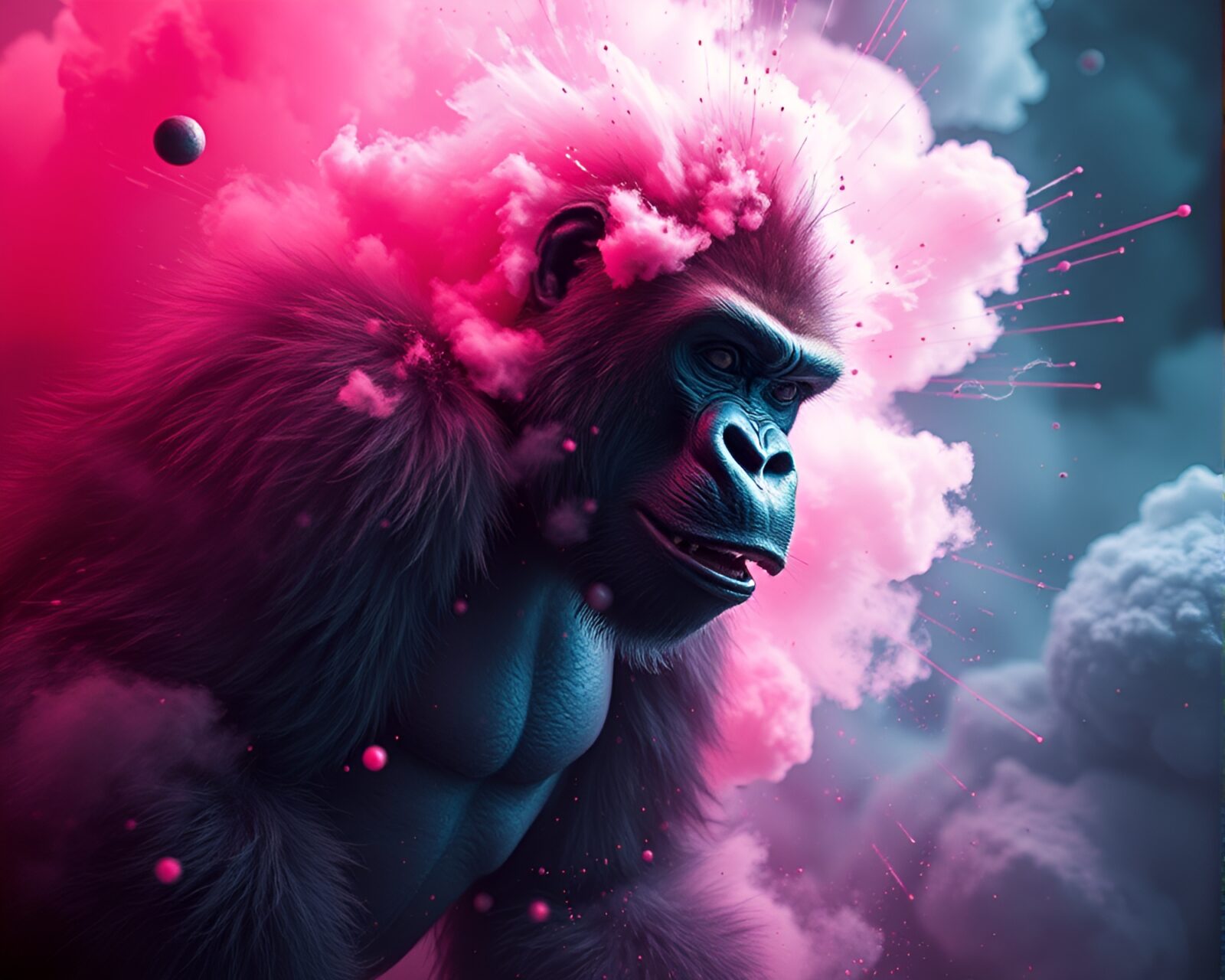 Realistic gorilla surrounded by swirling magenta clouds and explosion