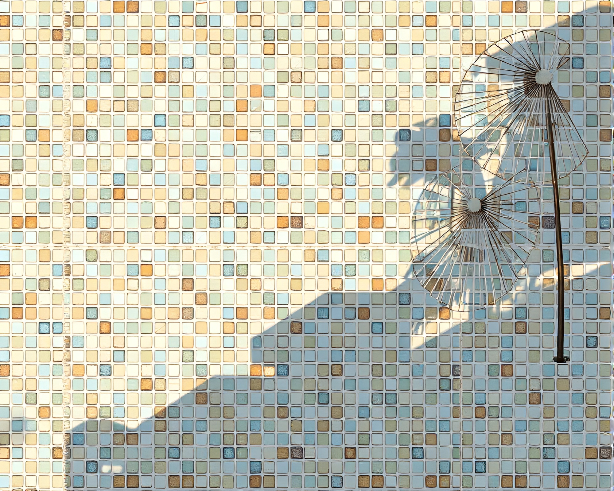 Summer Beach Mosaic Under Blueprint Shadows – free AI stock image