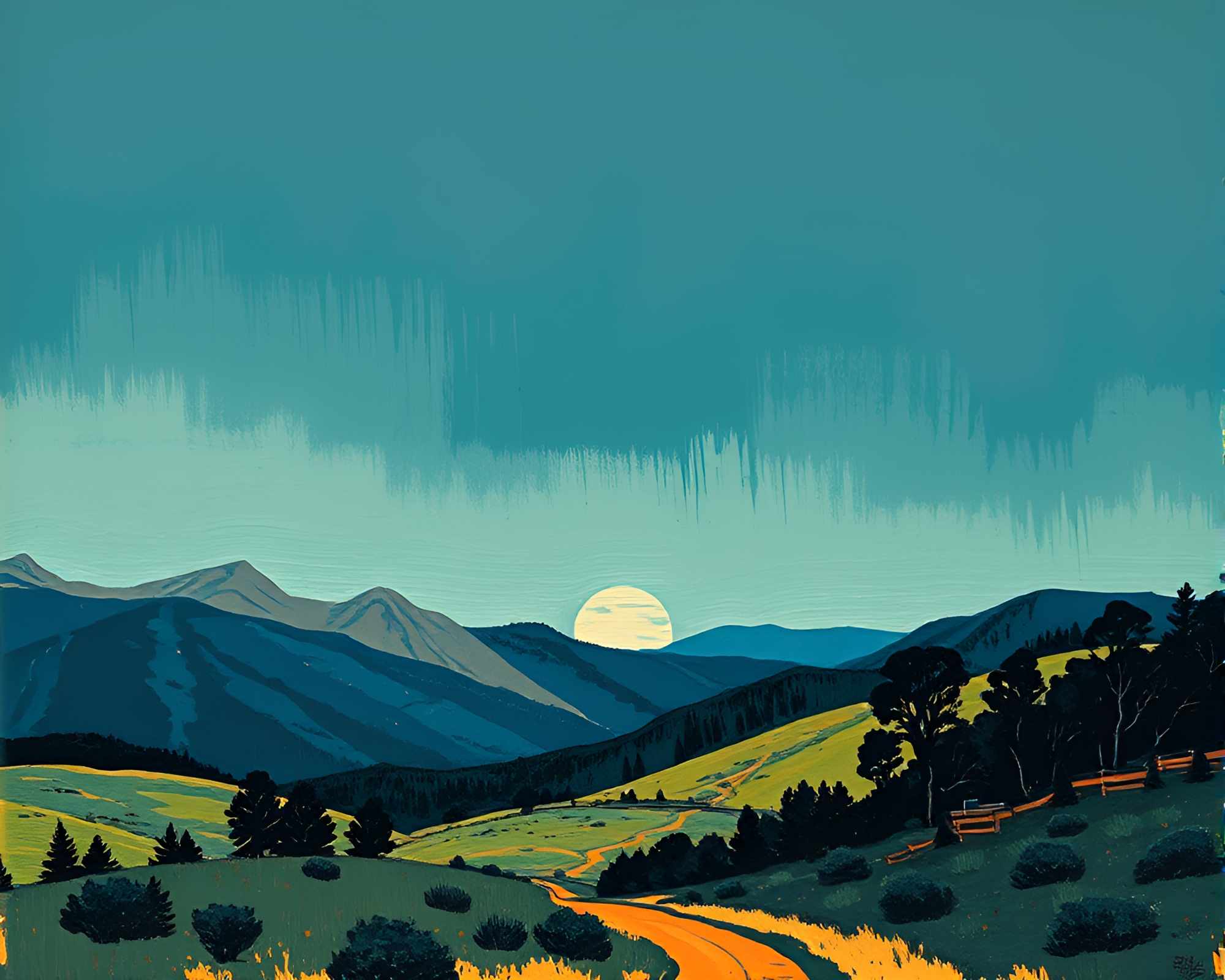 Expressionist Valley Woodblock Print with Cross-Processed Look – free AI stock image