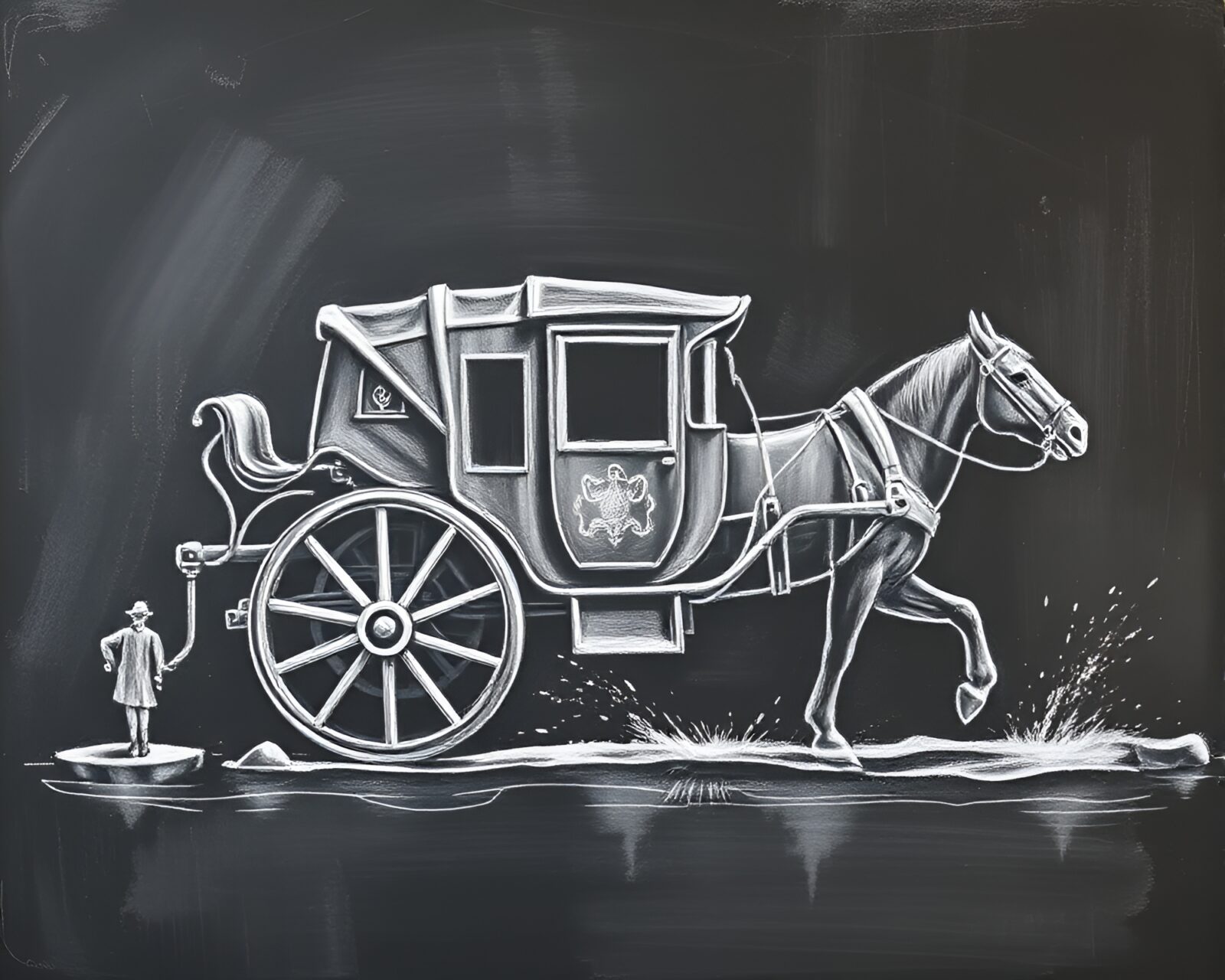 Majestic stagecoach amidst volcanic ash contours and chalk scrawls