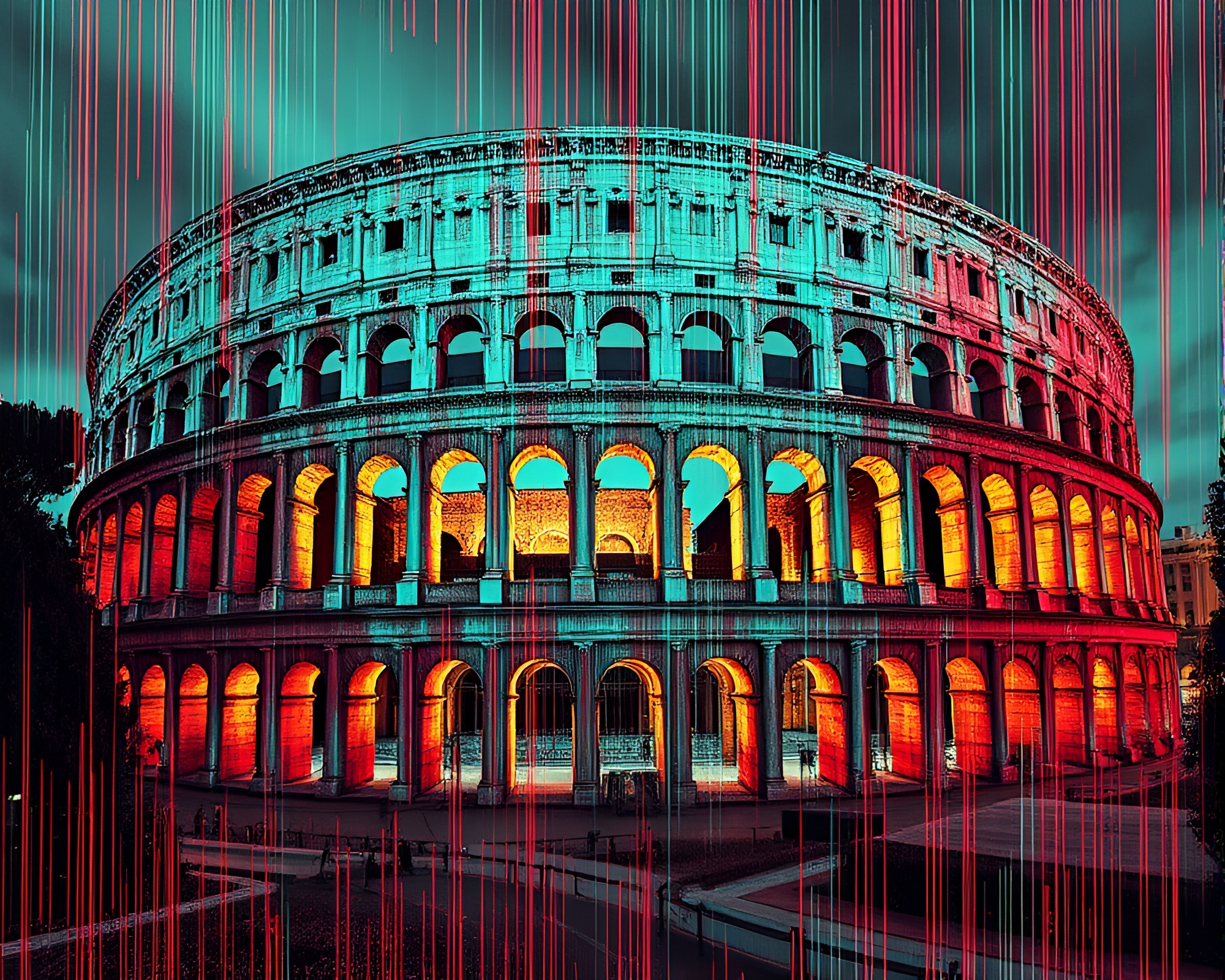 Digital Glitch Roman Coliseum Etching Lines – free AI stock image