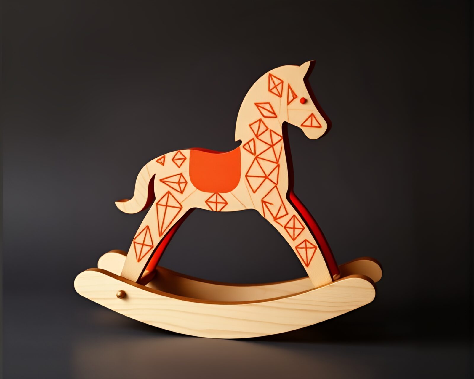 Elegant tri-tone wooden rocking horse with volcano-red glow