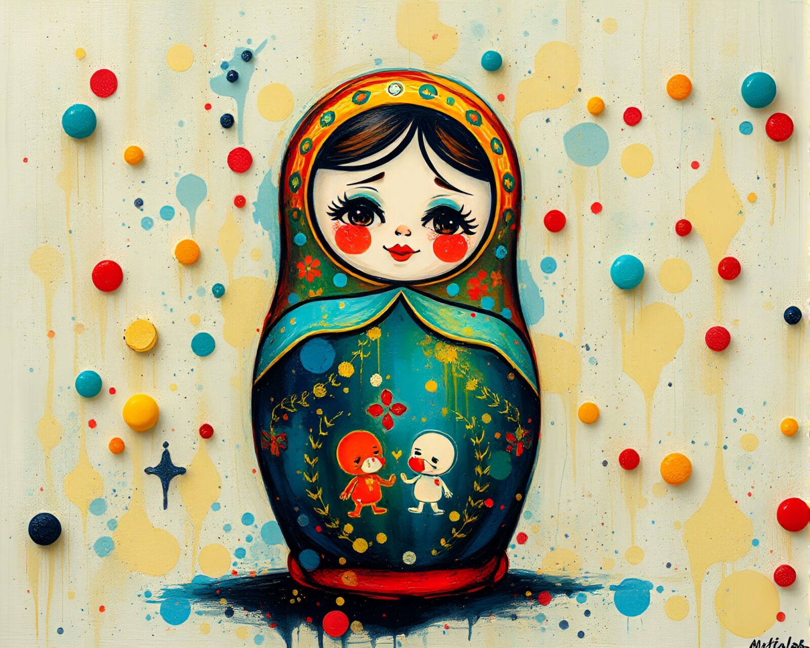 Colorful matryoshka doll in a space-like setting with acrylic splatters