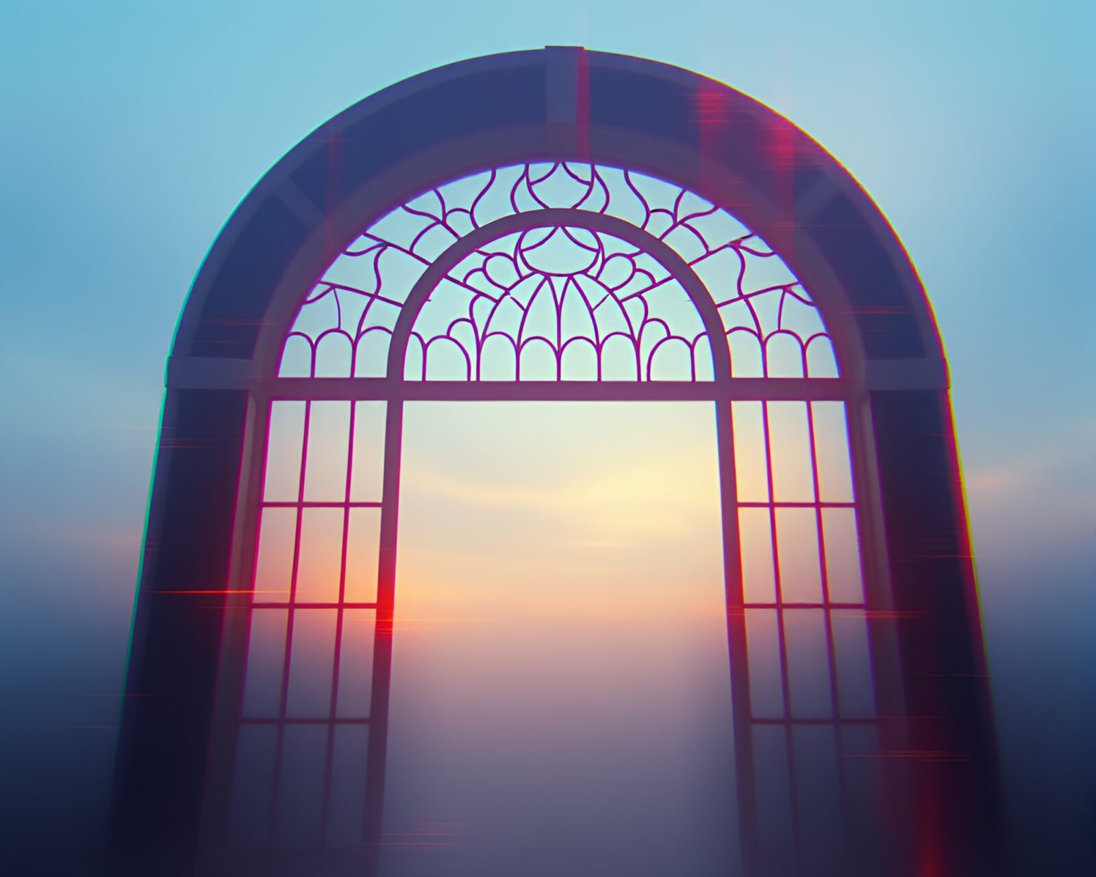 Abstract architectural frame with digital glitch effects in stained glass style during dawn mist