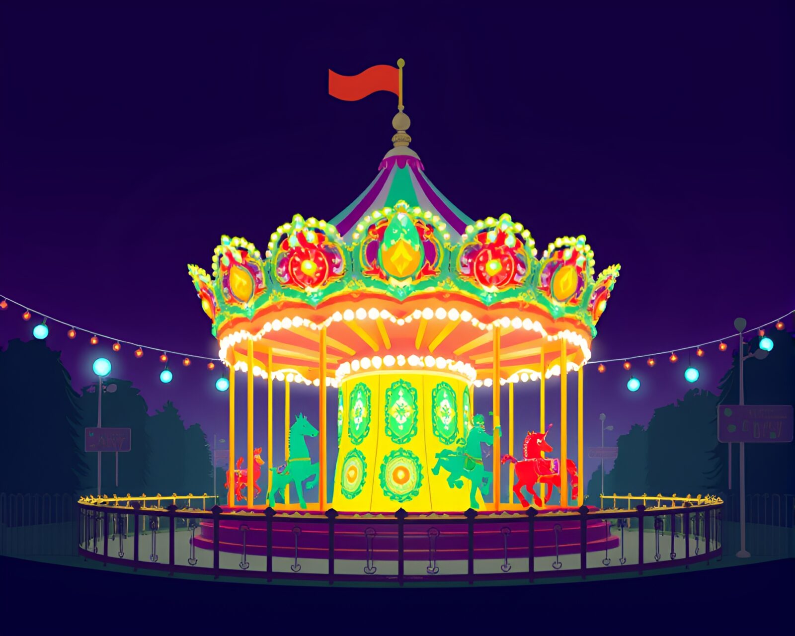 Colorful carnival carousel with low-key lighting and pixelated style