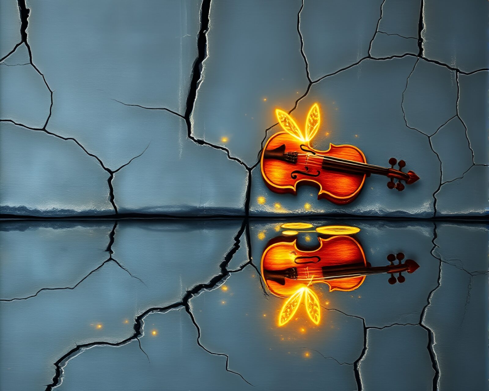 Stunning stencil art of violin glowing over icy crack