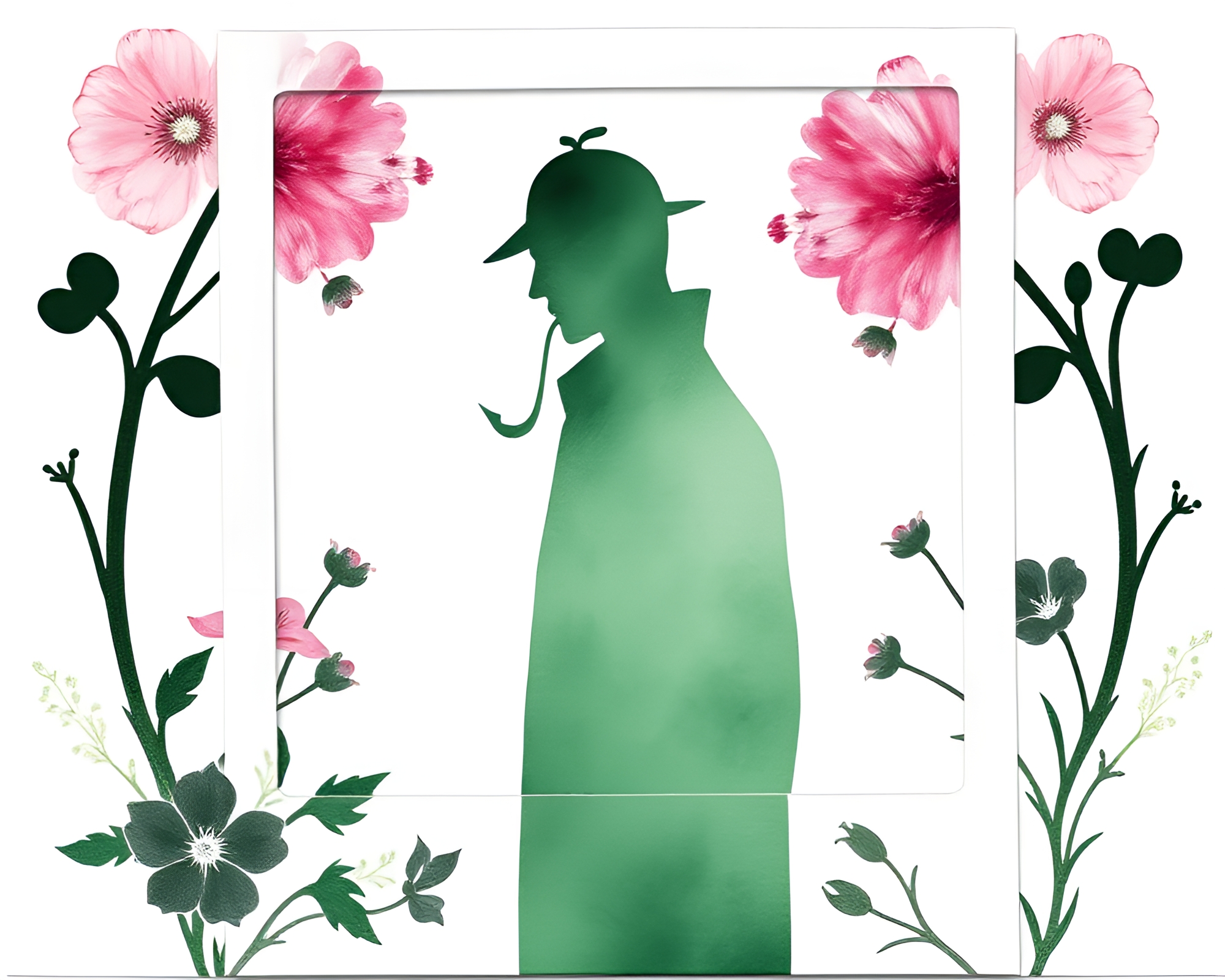 Sherlock Holmes Watercolor Silhouette in Monochrome Green Polaroid Frame – free AI stock image