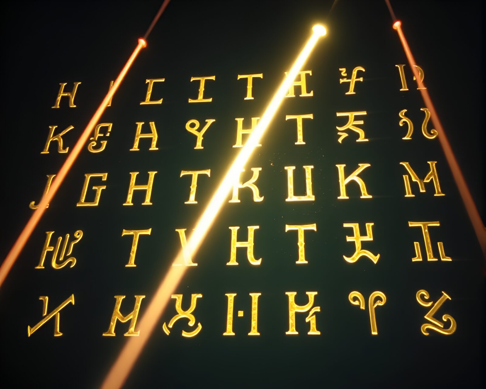 Glowing runic symbols amidst laser beams in trompe-l'oeil