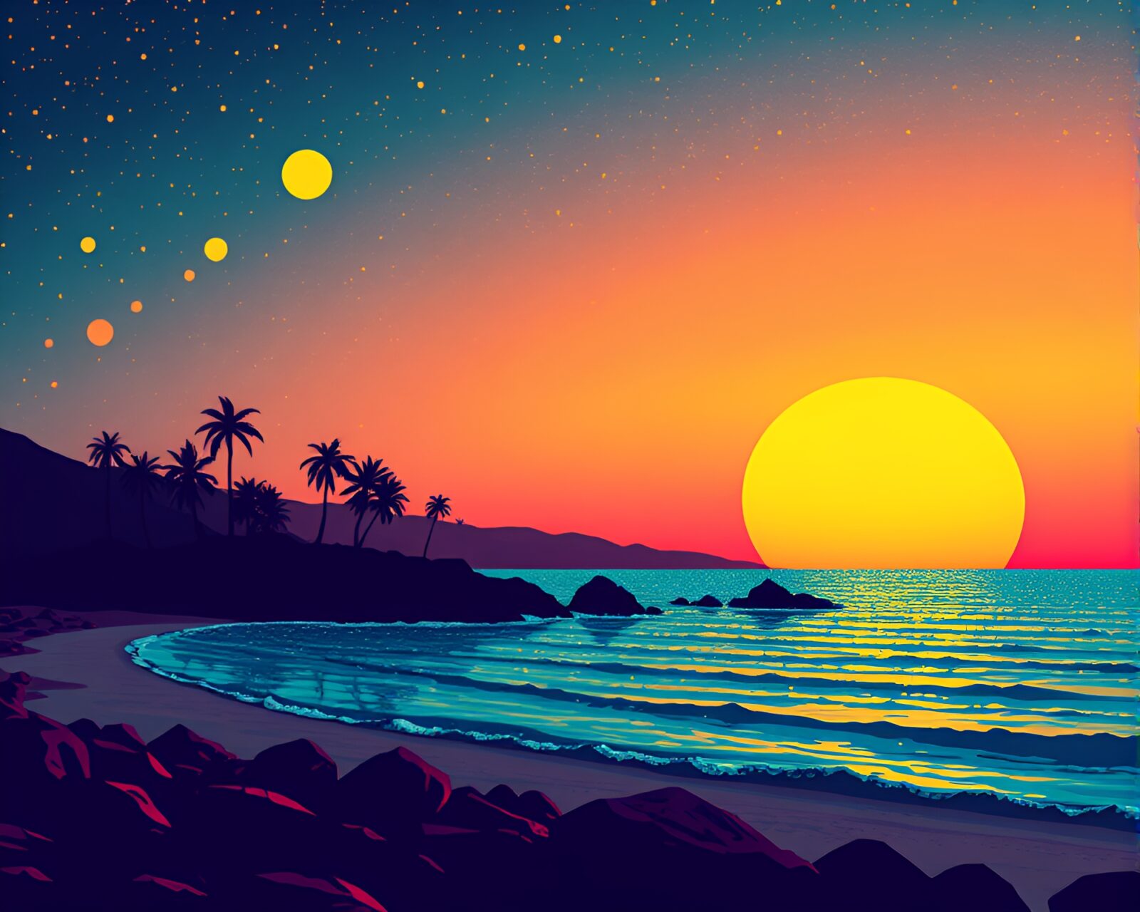 Abstract sunset scene with retro digital aesthetics and oil-rich texture