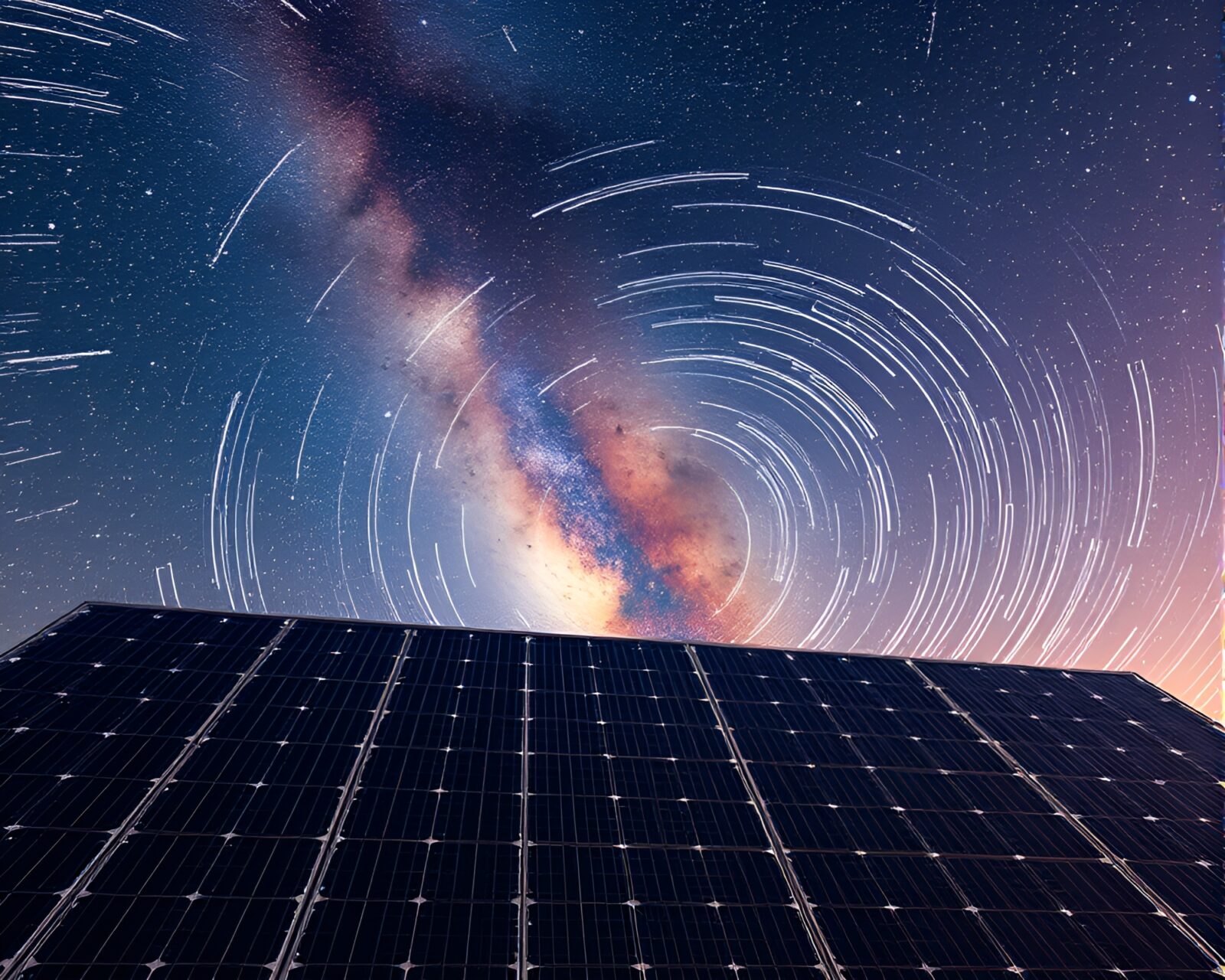 Futuristic solar panel array glowing under the milky way