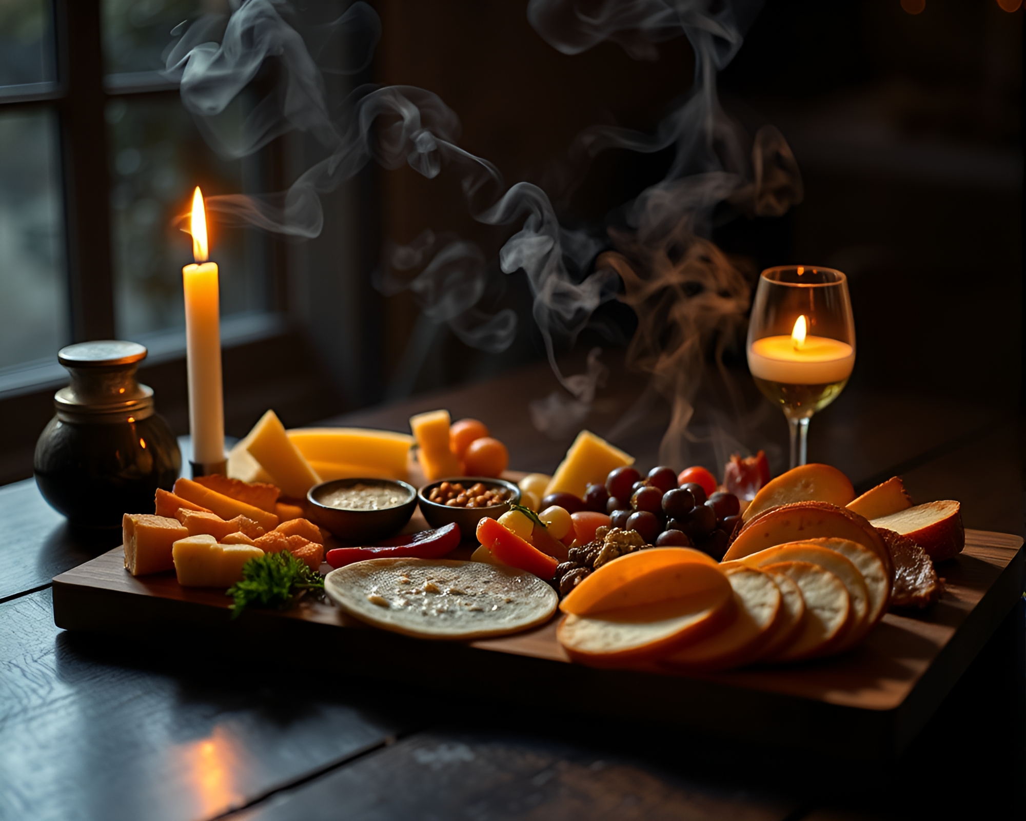 Glowing Charcuterie Board with Candle Smoke Art – free AI stock image