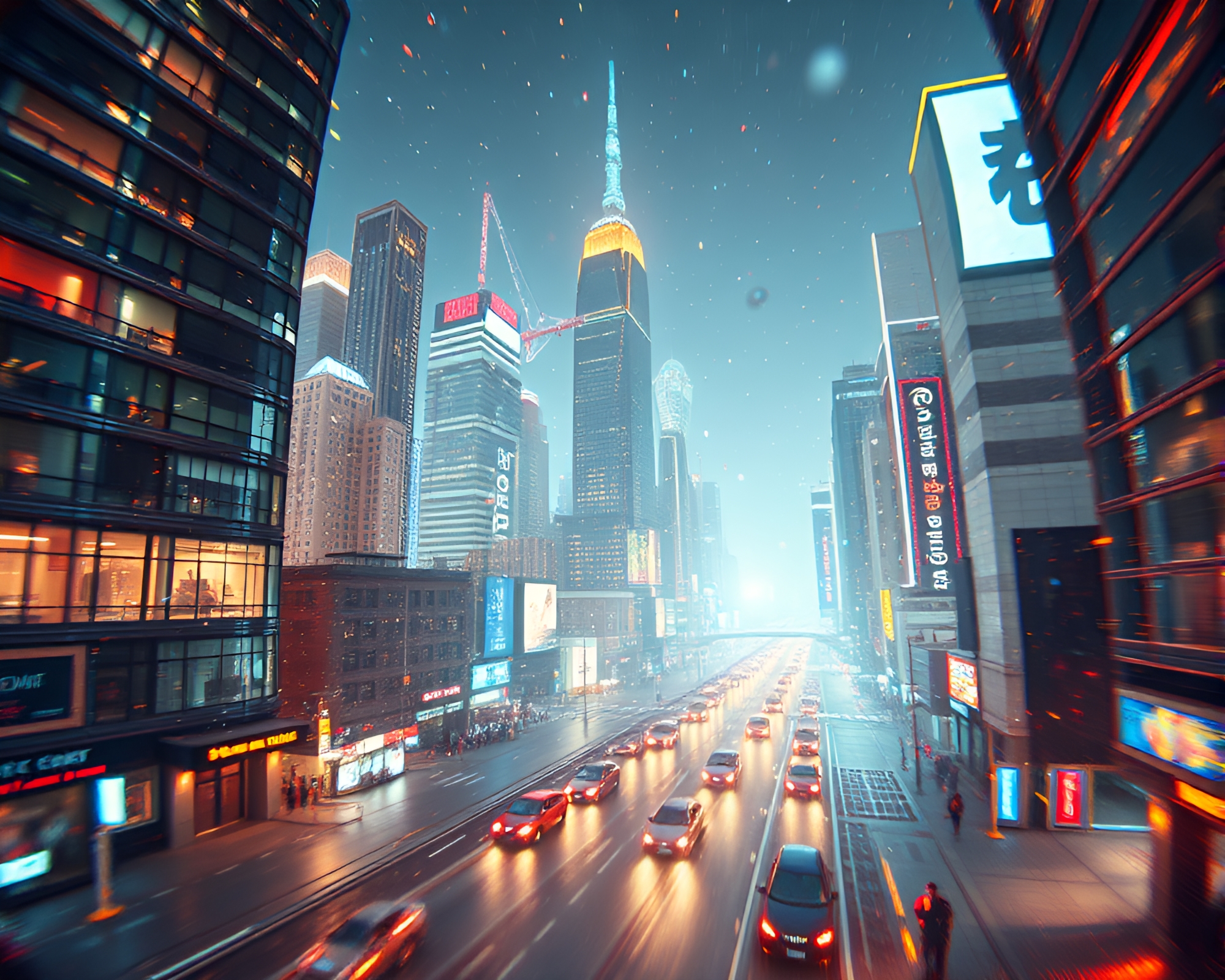 Futuristic Cityscape with Fisheye Lens and Particle Simulation – free AI stock image