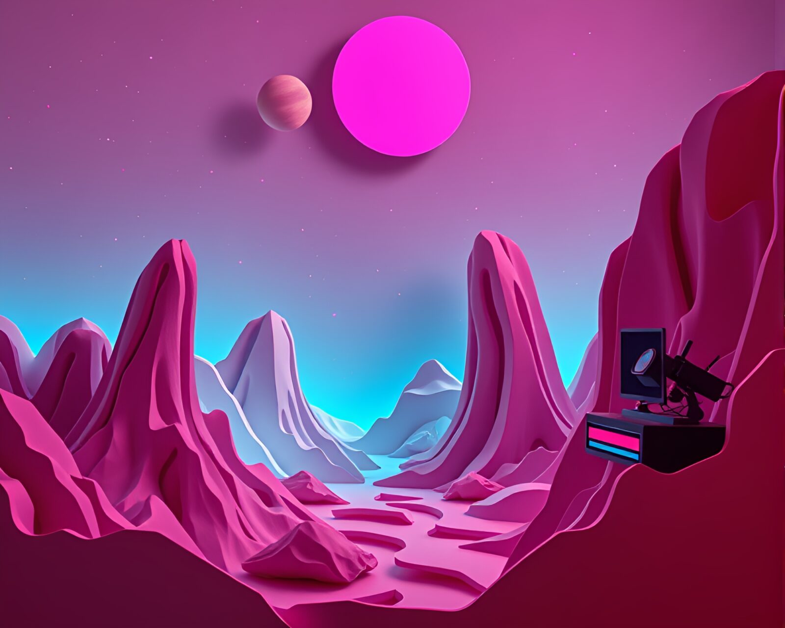 Surreal paper cutout cityscape with vibrant neon colors