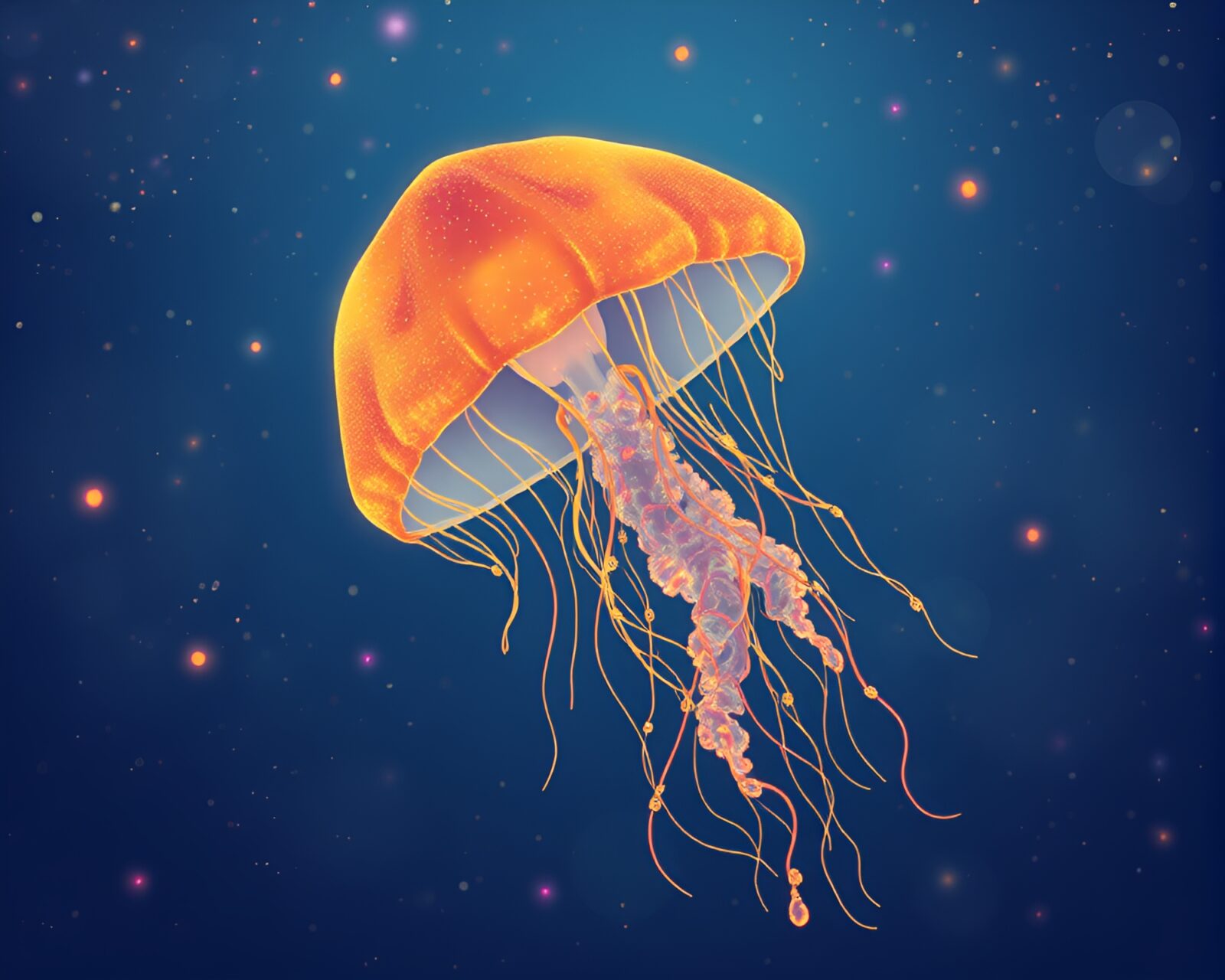 Fantastical 16-bit art of glowing jellyfish in spiral formation