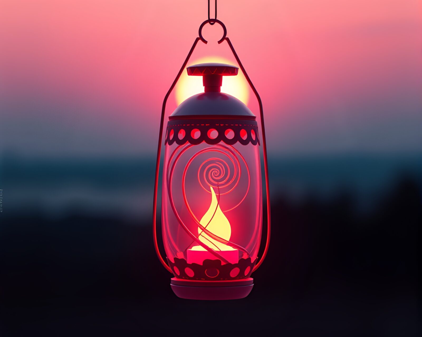 Oil lantern in Fibonacci spiral at sunrise with pink hues