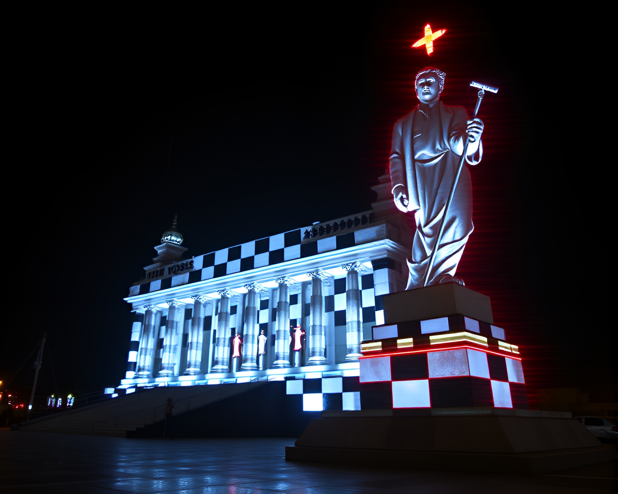 Glitch Art Opera House Statue in Checkered Glow – free AI stock image