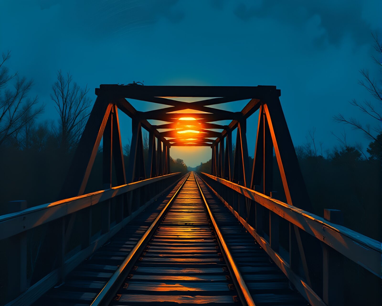 Dramatic painting of speeding train on bridge under eclipse