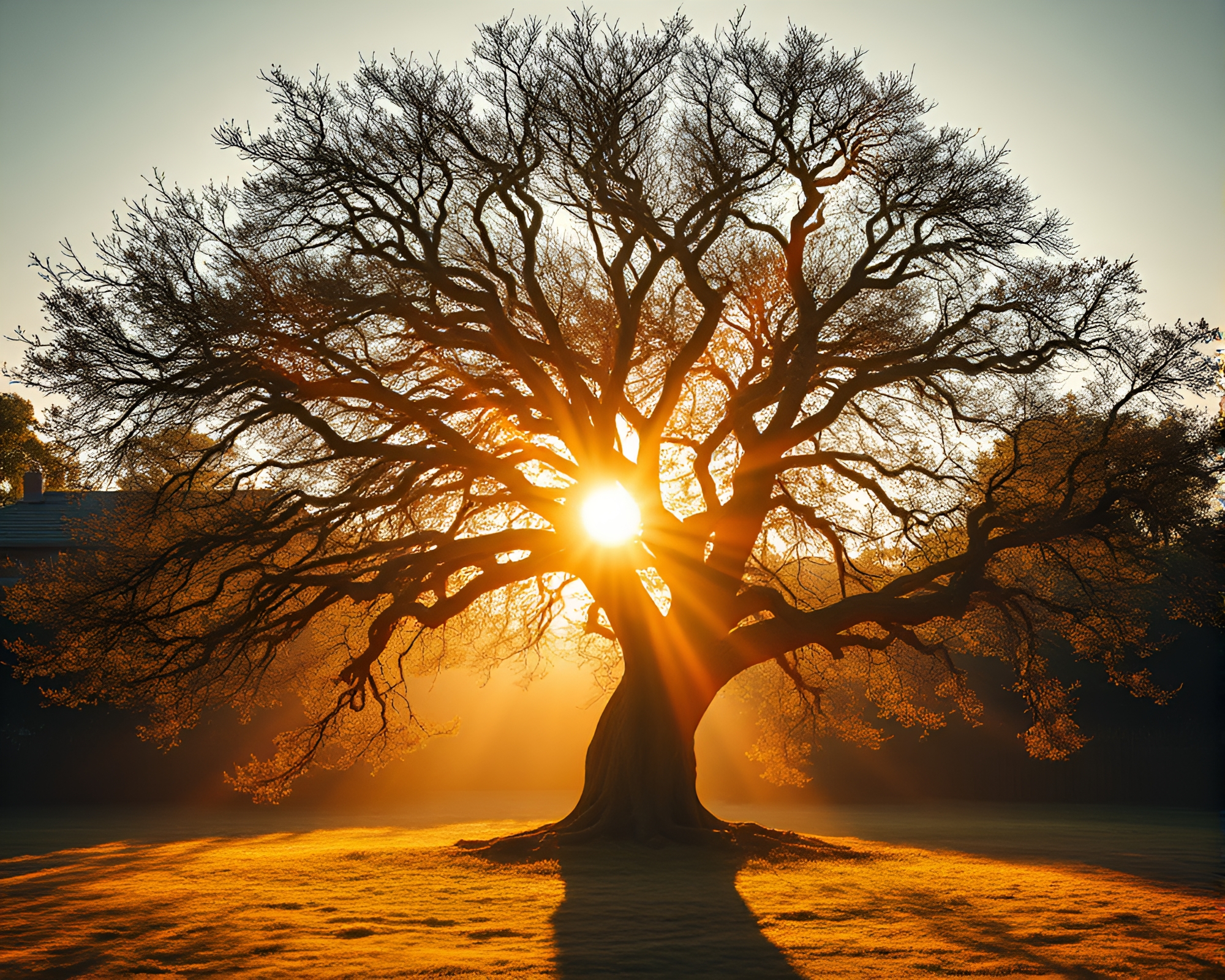Cubist Sunrise Through Ancient Tree: Mesmerizing Dawn Moment – free AI stock image