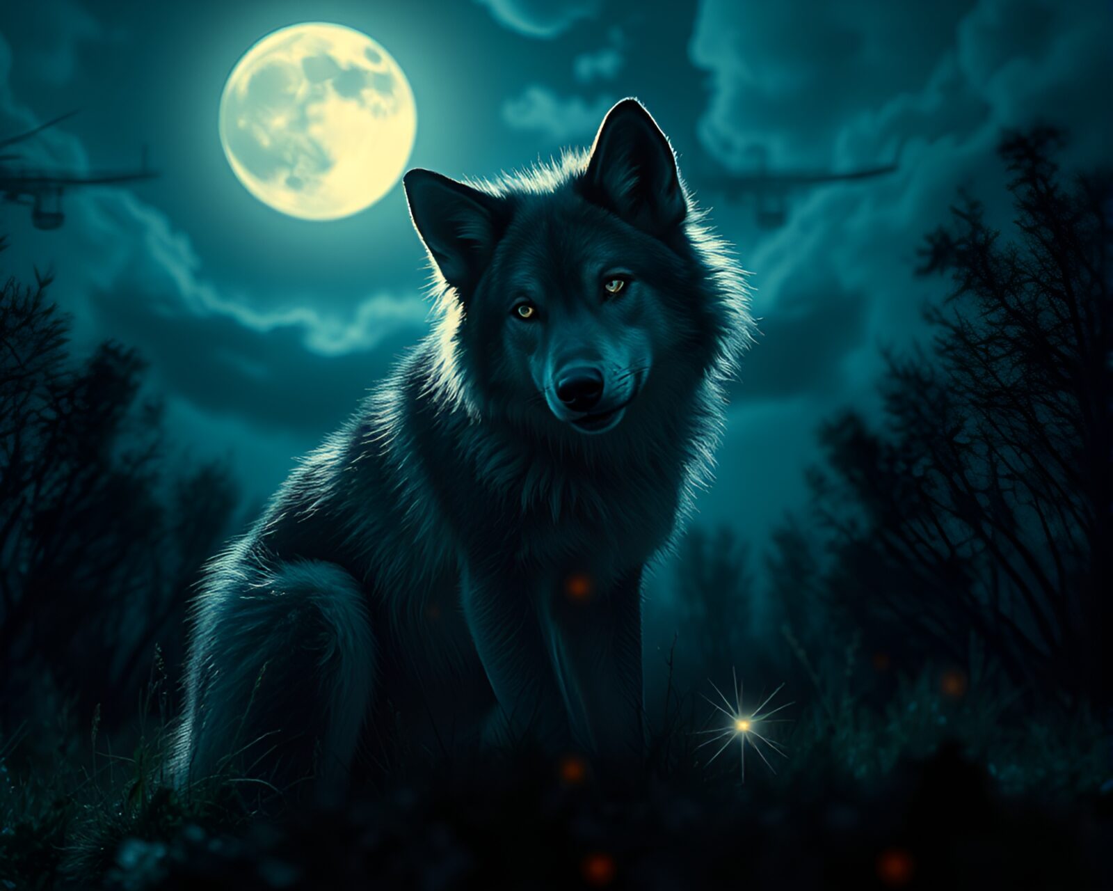 Gorgeous Dutch angle image of a wolf under moonlight with fairy sparkles