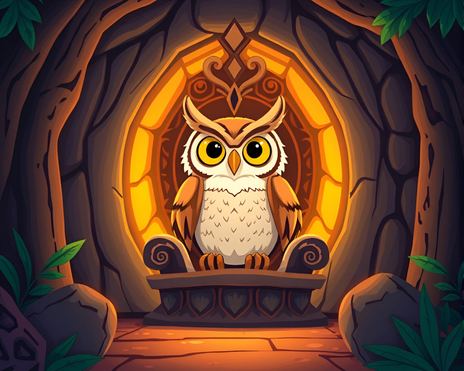 Cartoon style owl seated on mystical throne in glowing hall