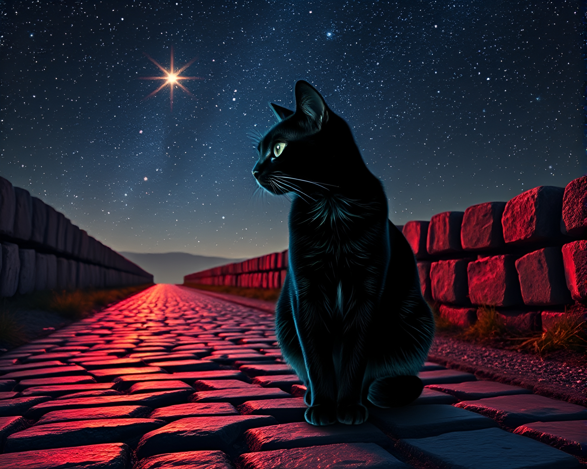 Enigmatic Cobblestone Path: Schrodinger’s Cat under Starlit X-ray Sky – free AI stock image