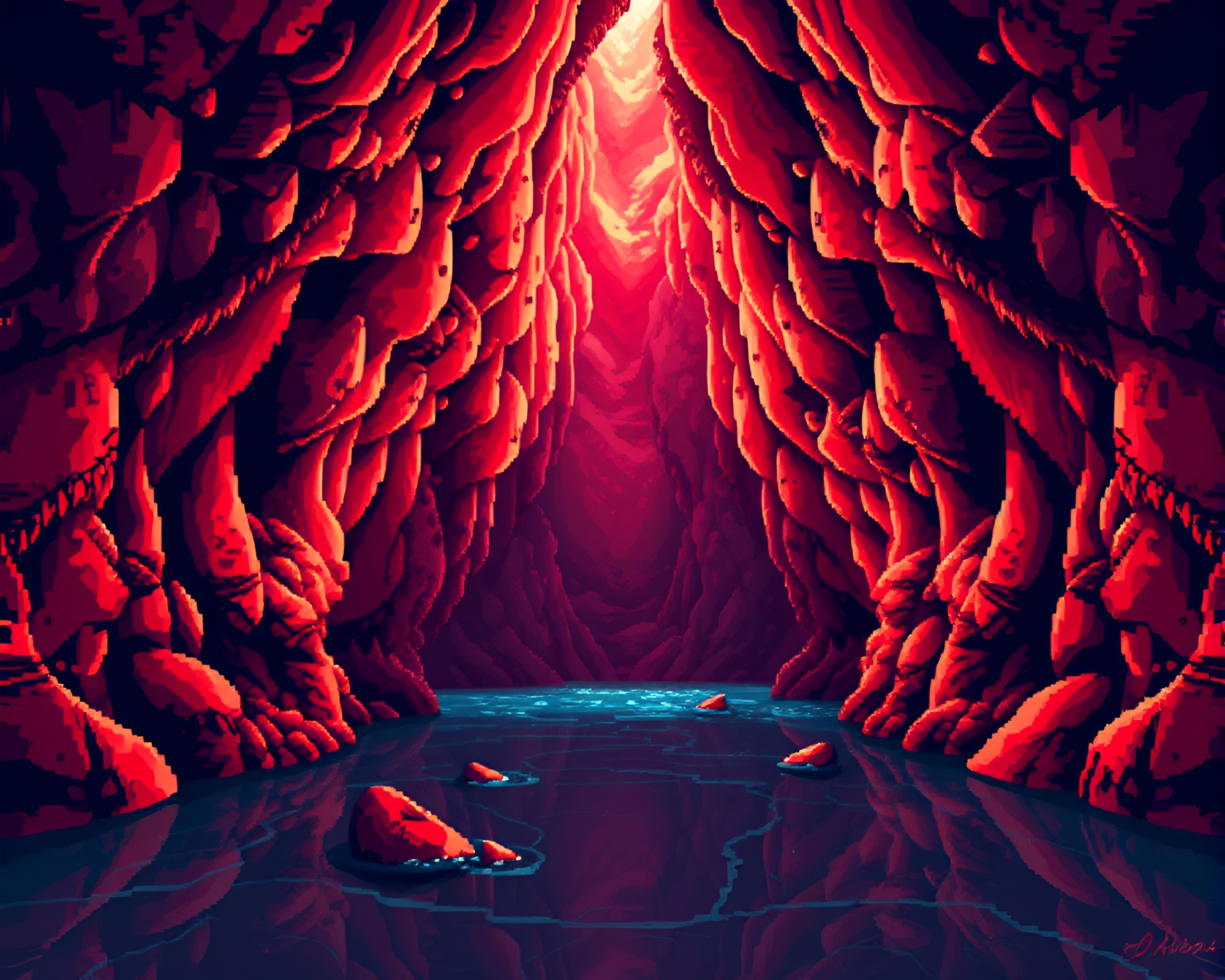 Glacial Cave Pixel Art with Ruby Red Lighting – free AI stock image
